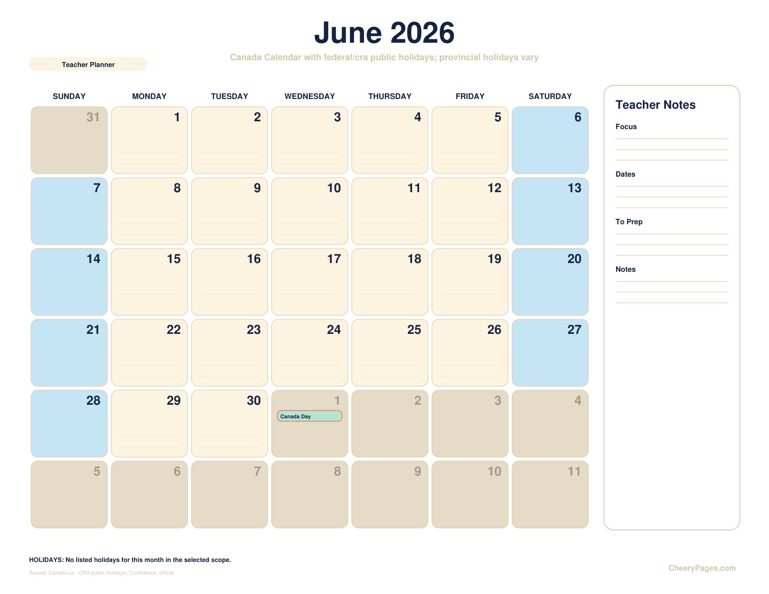 Canada June 2026 Calendar - Teacher Planner printable preview