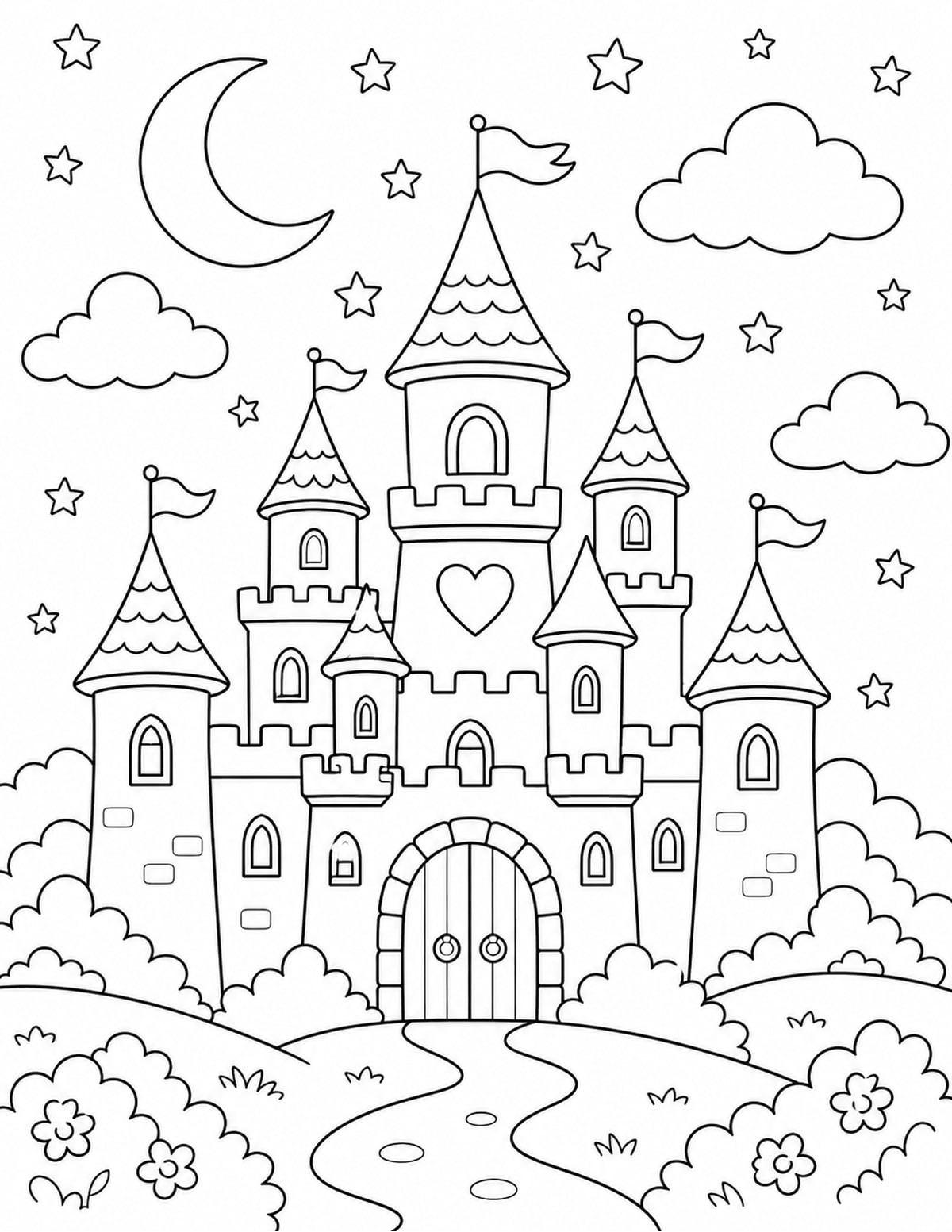 Castle at Night with Crescent Moon printable preview