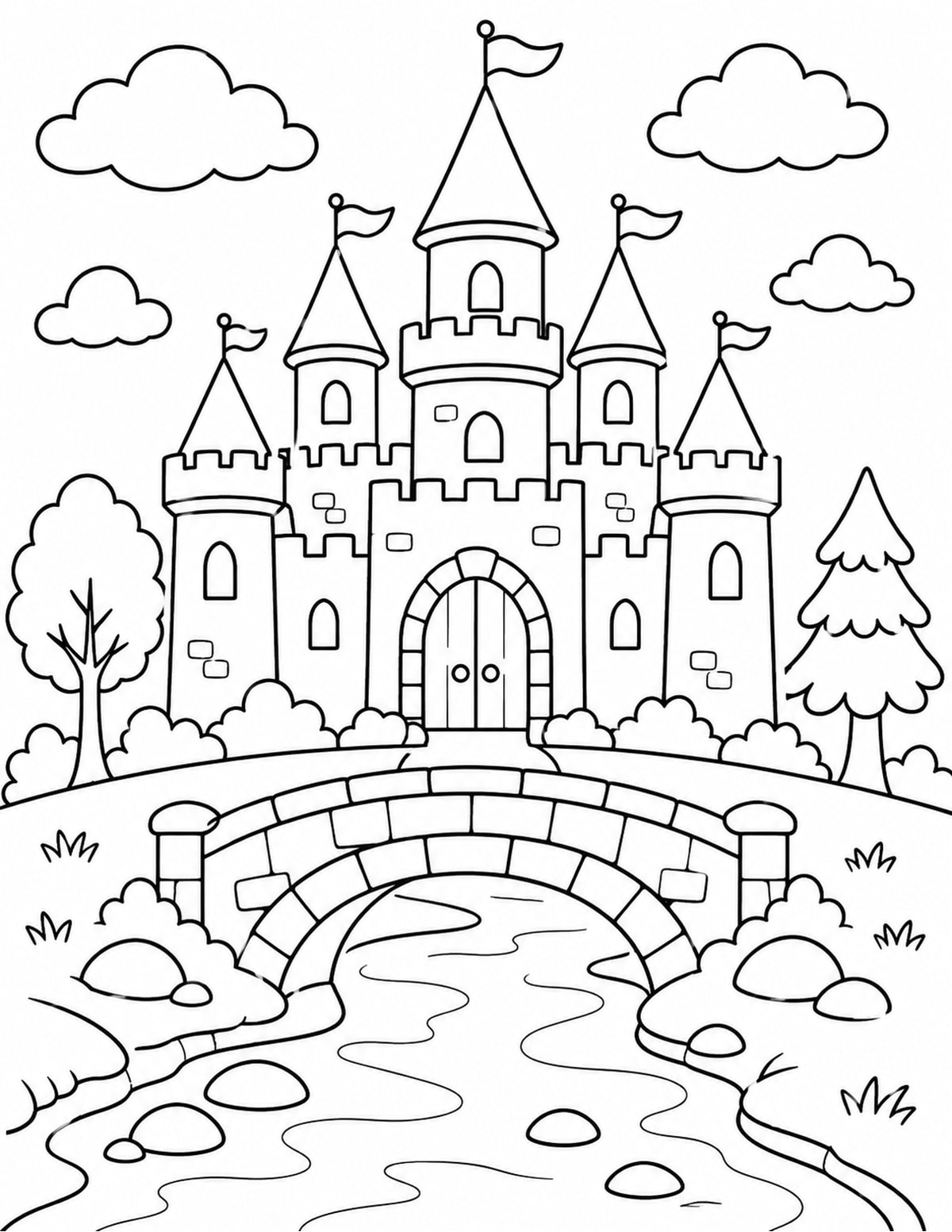 Castle beside a River with Bridge printable preview