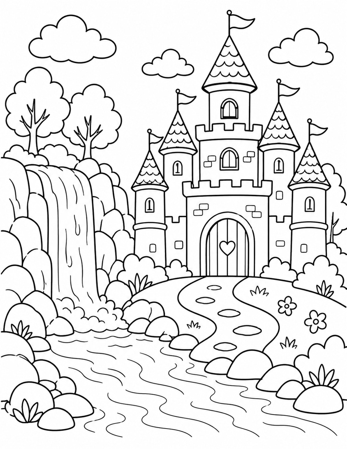Castle beside a Waterfall with Trees printable preview