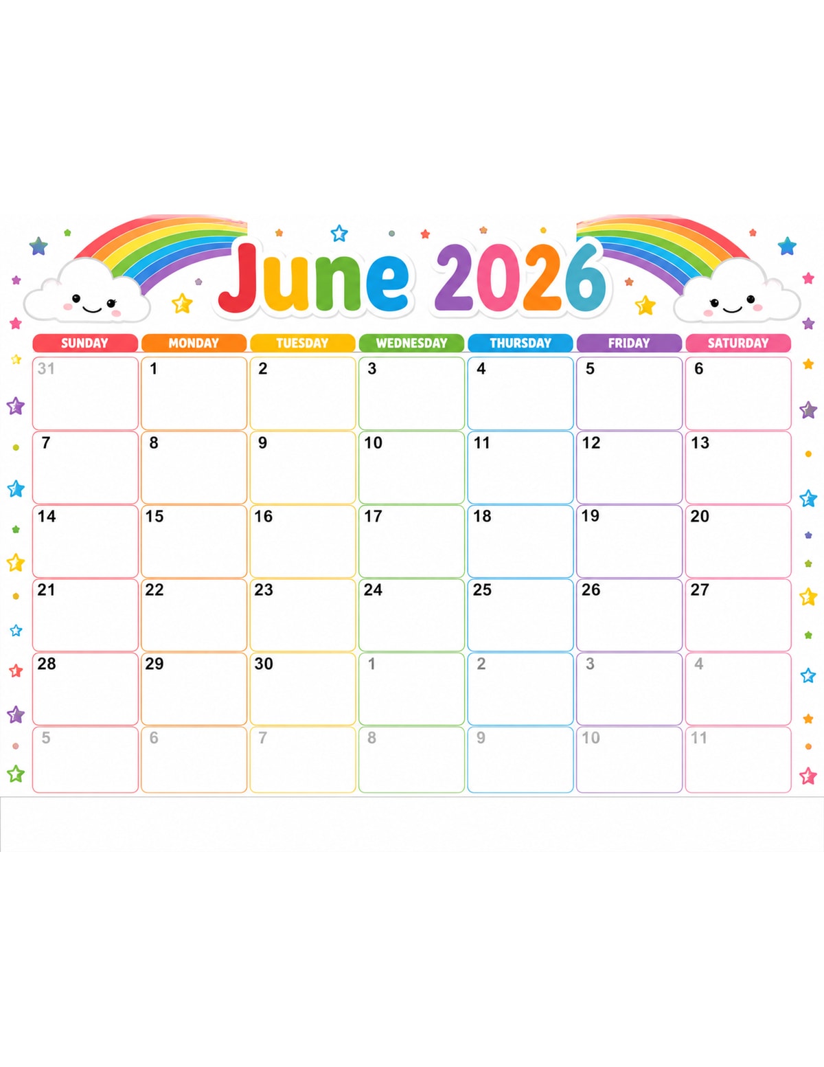 Rainbow June 2026 Calendar printable preview