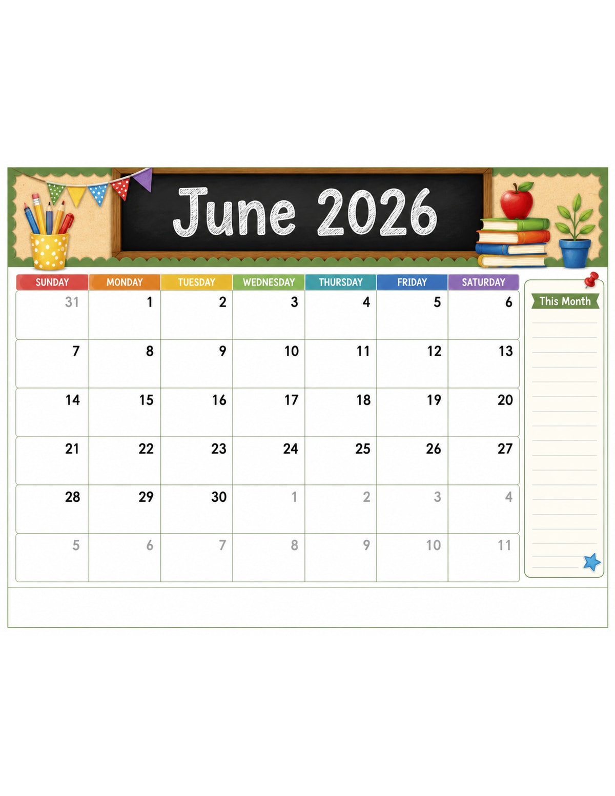 Classroom June 2026 Calendar printable preview