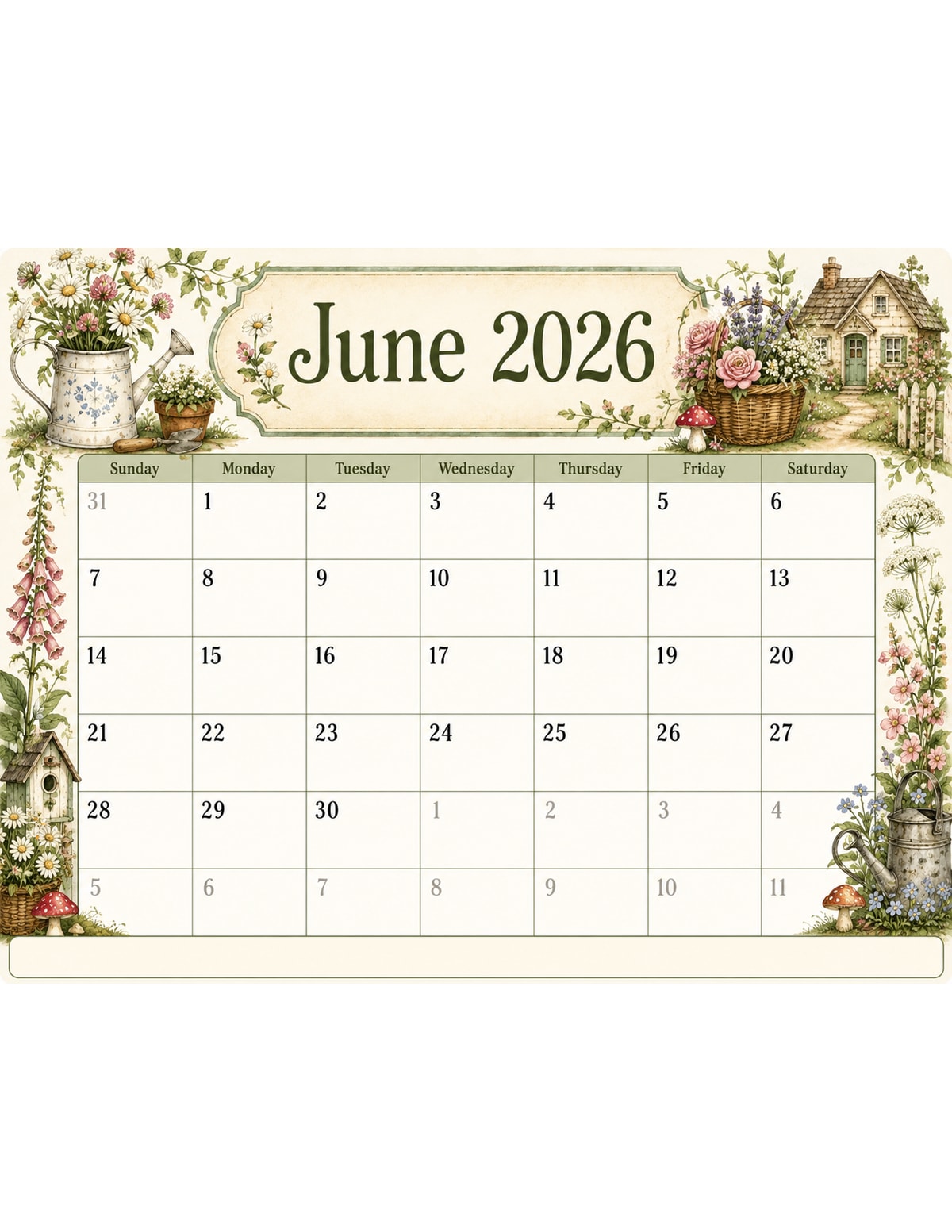 Cottagecore June 2026 Calendar printable preview