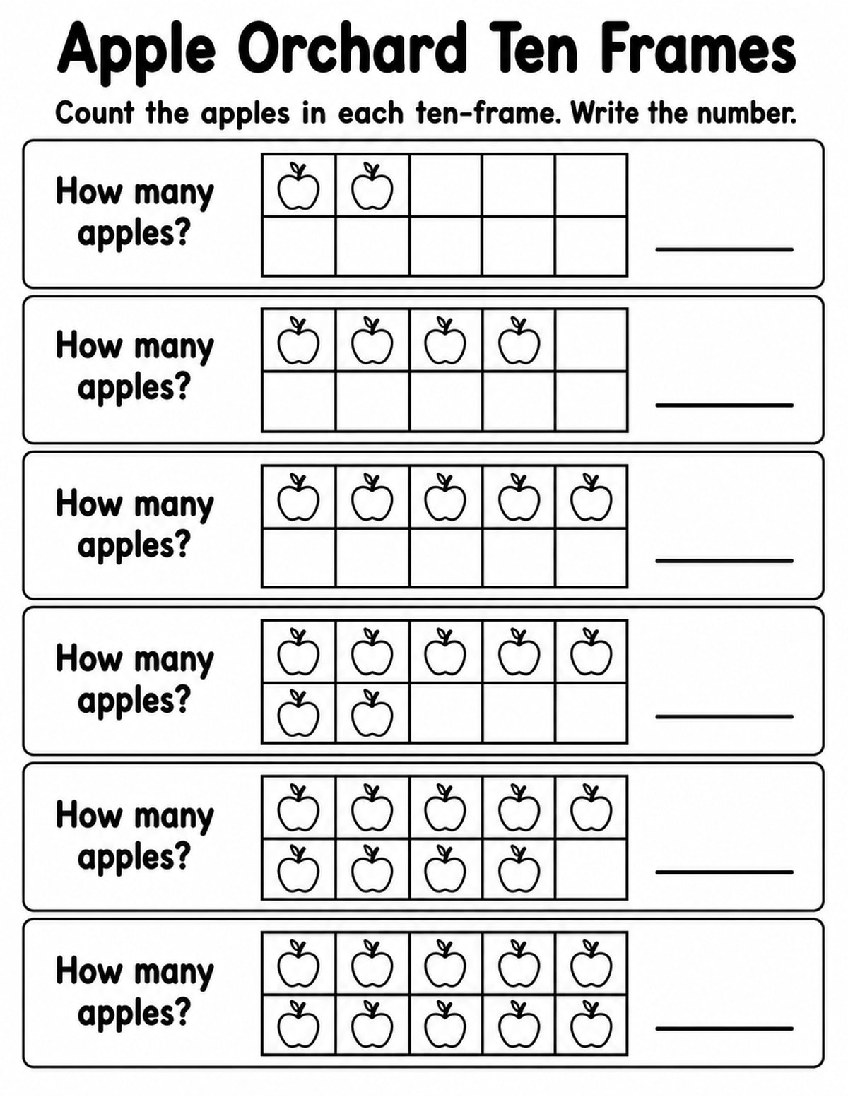 Apples Ten Frame Counting Worksheet printable preview
