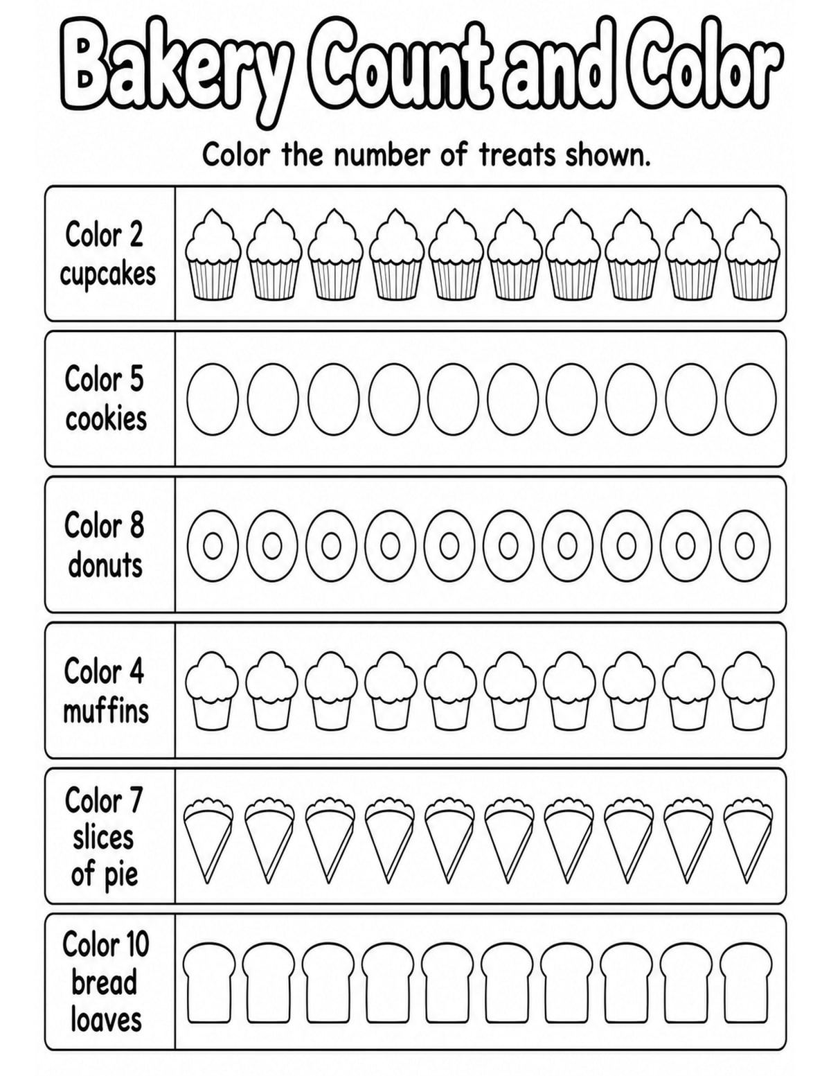 Bakery Count and Color Worksheet printable preview