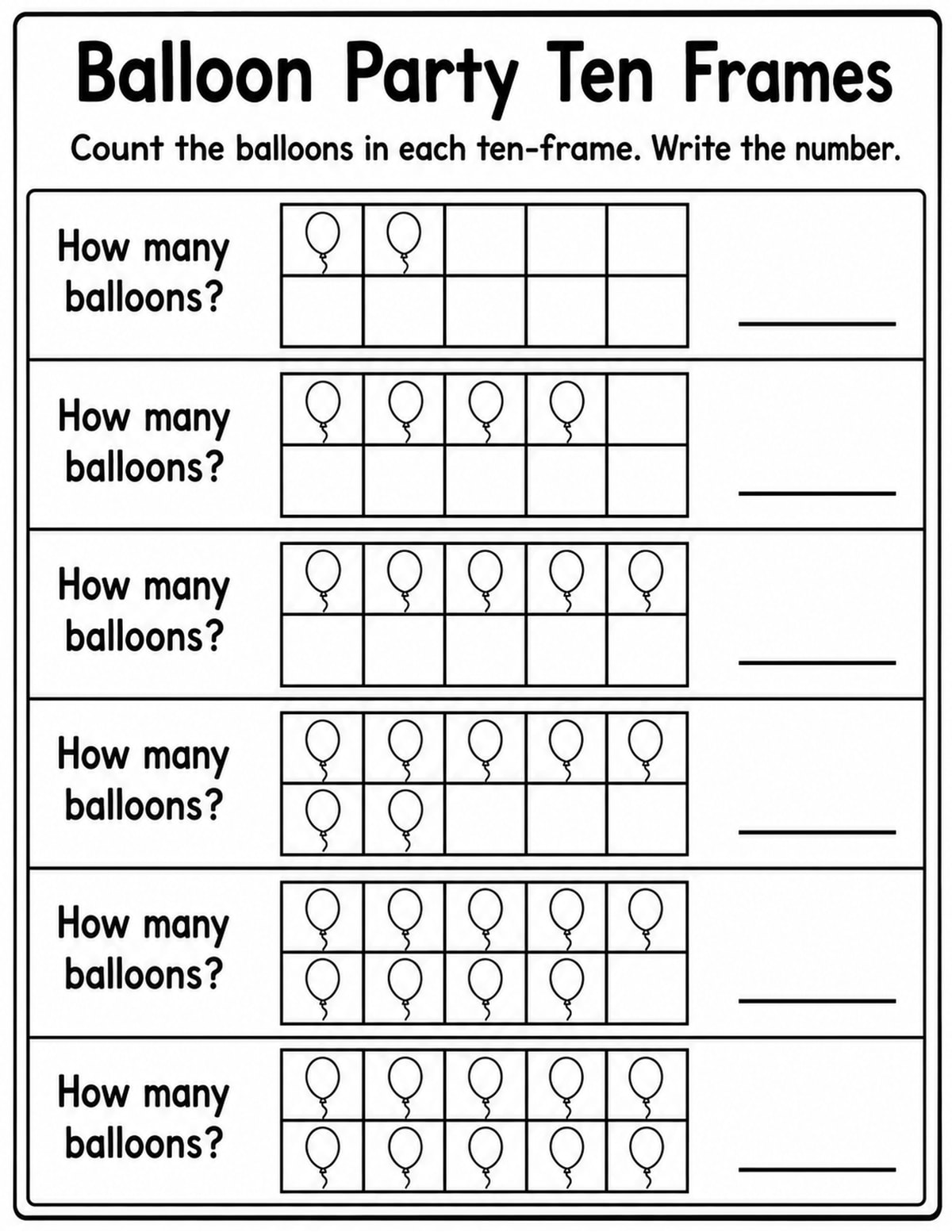 Balloons Ten Frame Counting Worksheet printable preview