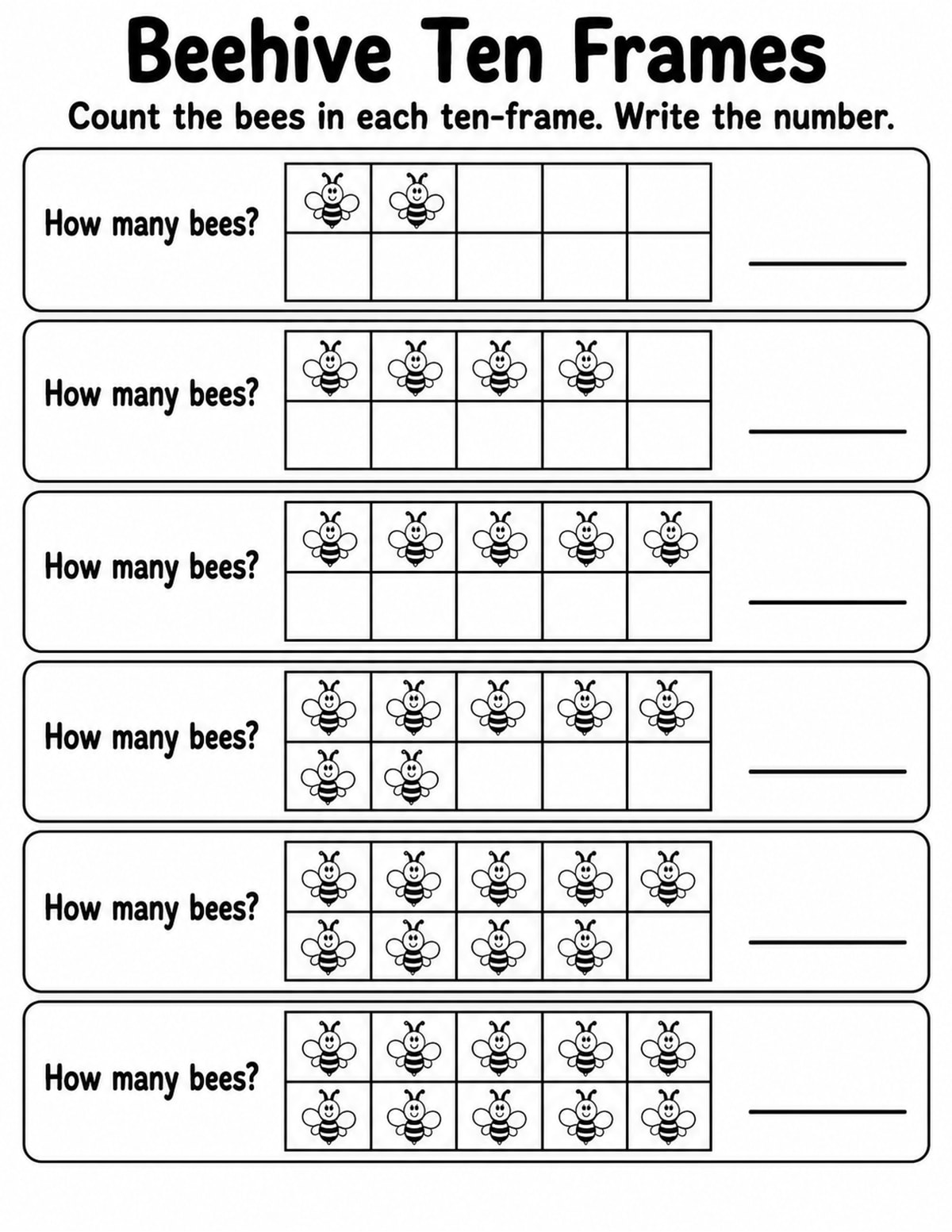 Bees Ten Frame Counting Worksheet printable preview
