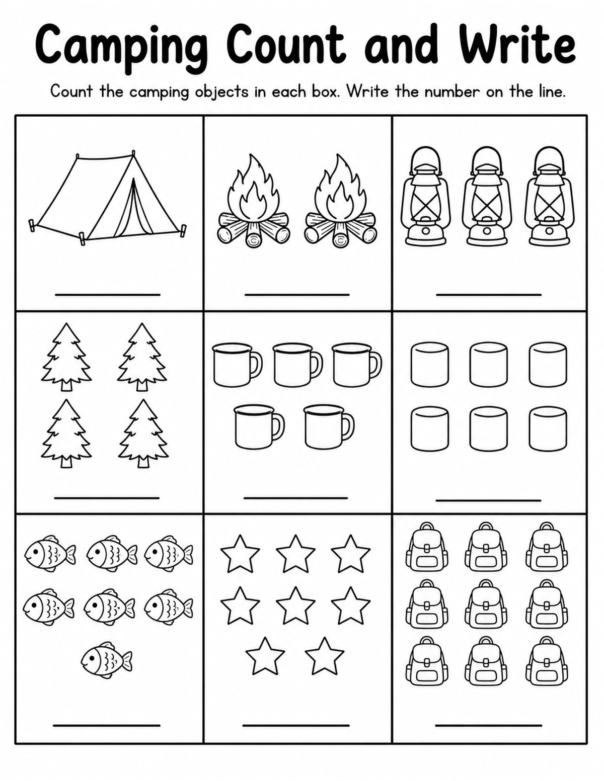Camping Count and Write Worksheet printable preview