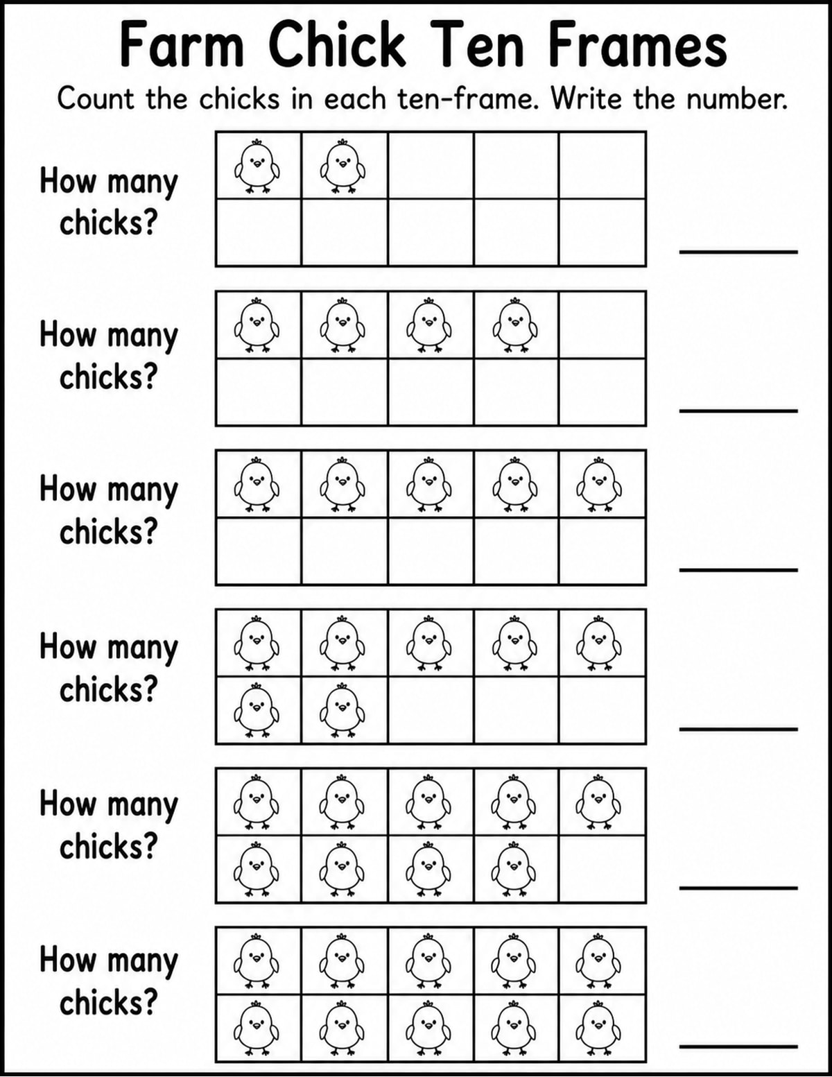 Chicks Ten Frame Counting Worksheet printable preview