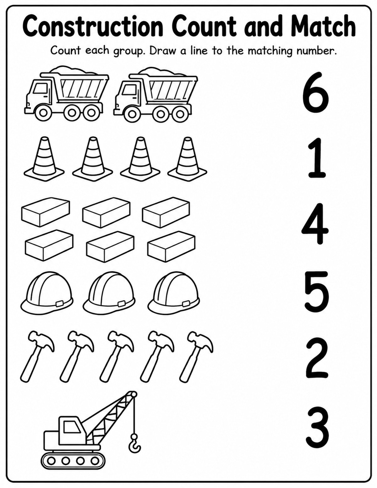 Construction 1 Match Objects to Numbers Worksheet printable preview