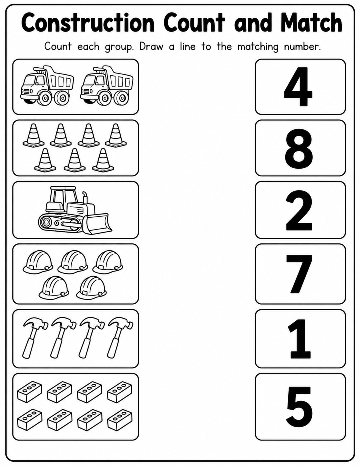 Construction Match Objects to Numbers Worksheet printable preview