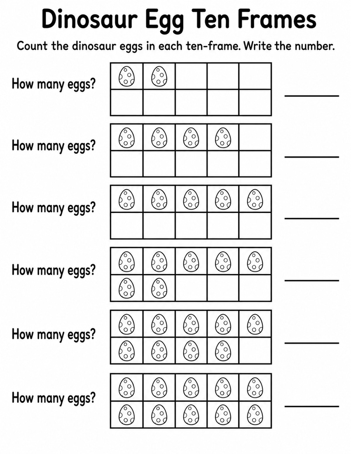 Dinosaur Eggs Ten Frame Counting Worksheet printable preview