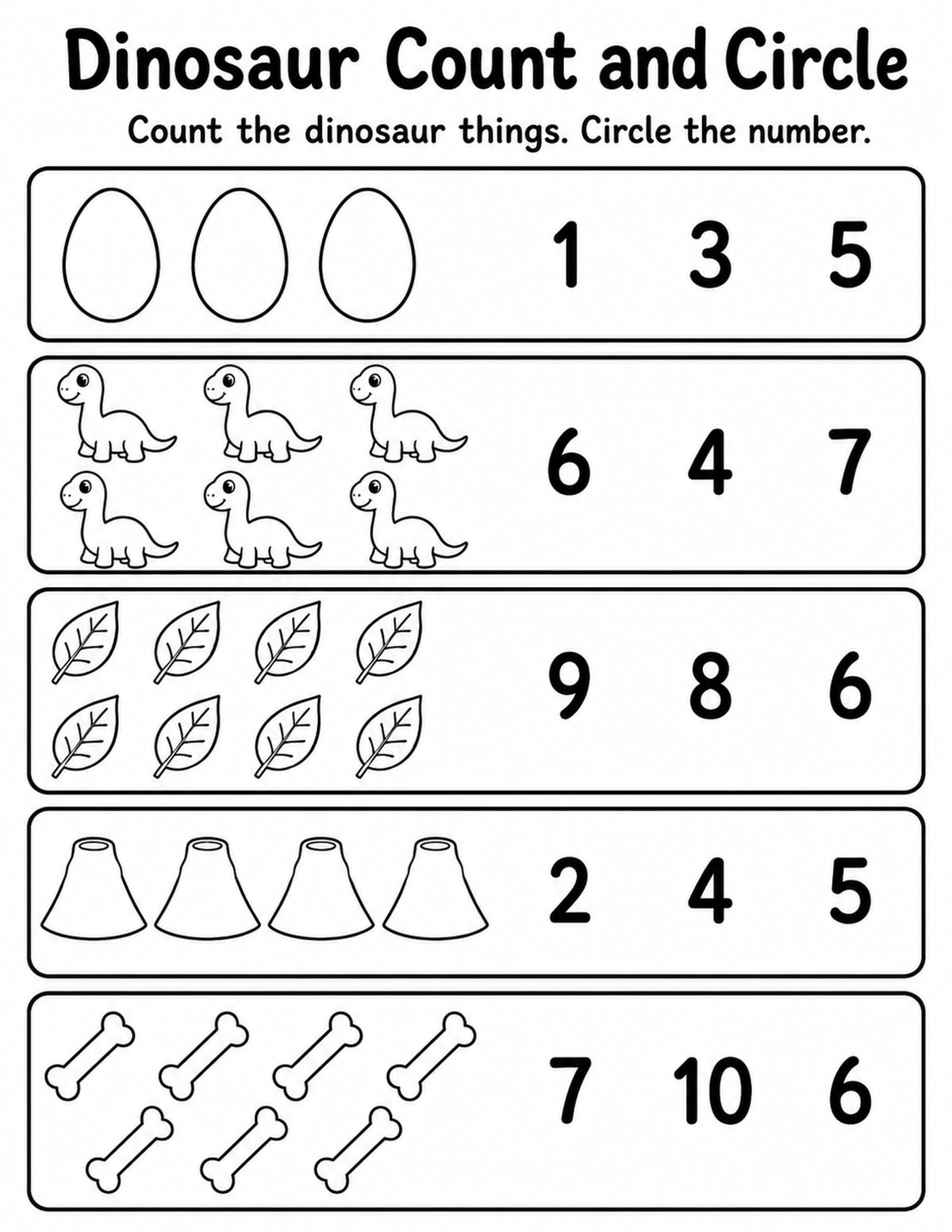 Dinosaurs Count and Circle Worksheet printable preview