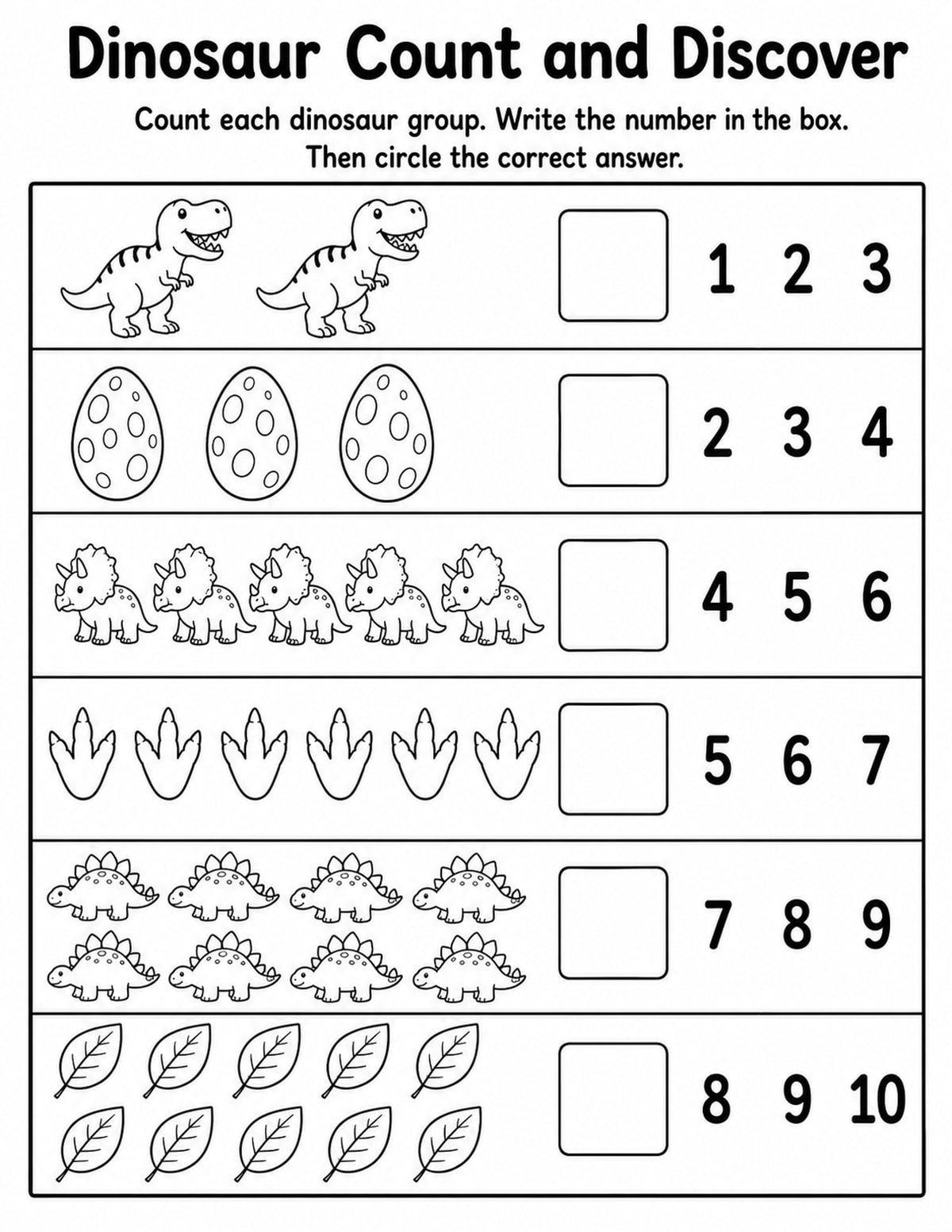 Dinosaurs Count and Circle Worksheet printable preview