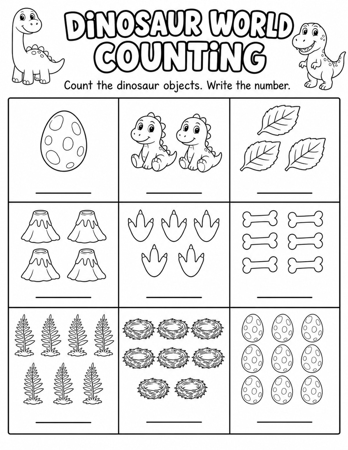 Dinosaurs Count and Write Worksheet printable preview