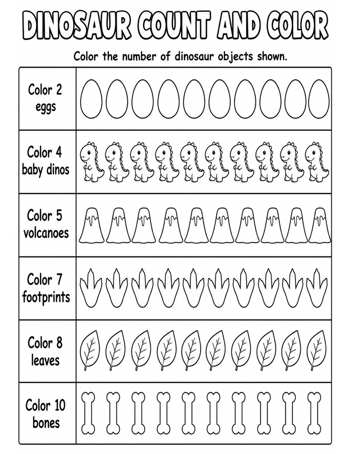 Dinosaurs Count and Color Worksheet printable preview