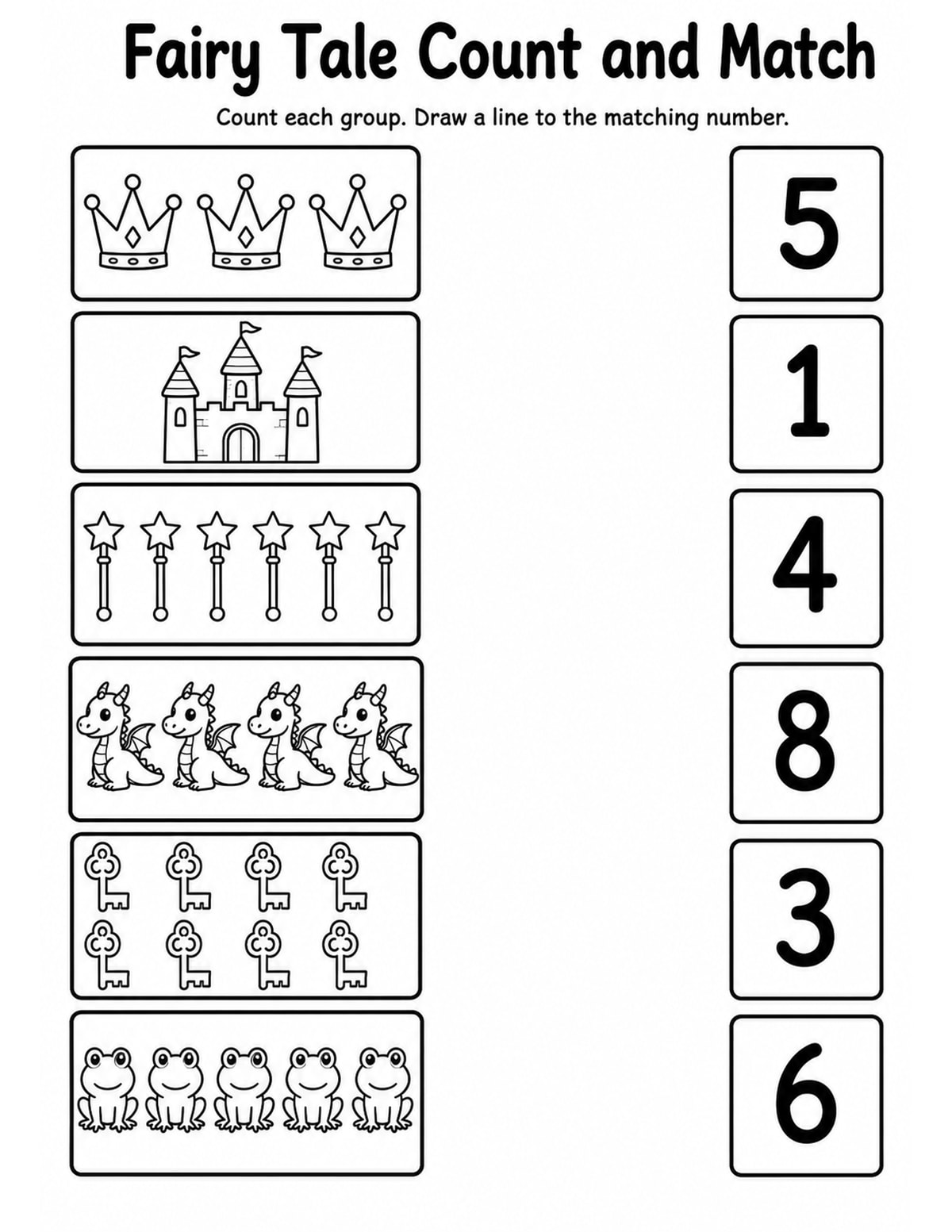 Fairy Tales Match Objects to Numbers Worksheet printable preview