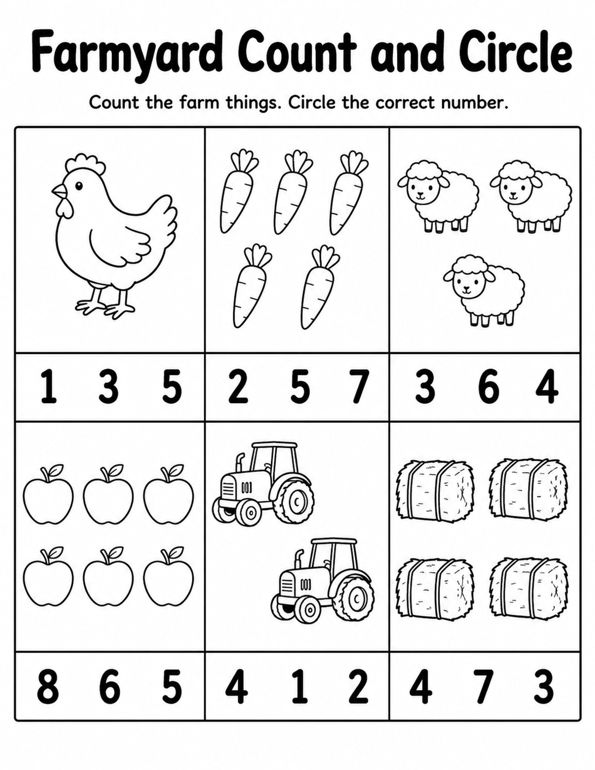 Farm Animals Count and Circle Worksheet printable preview
