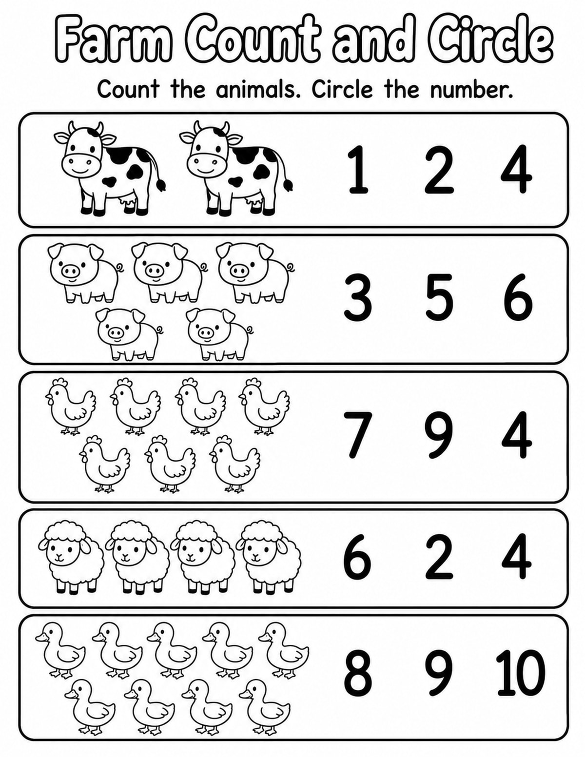 Farm Animals Count and Circle Worksheet printable preview