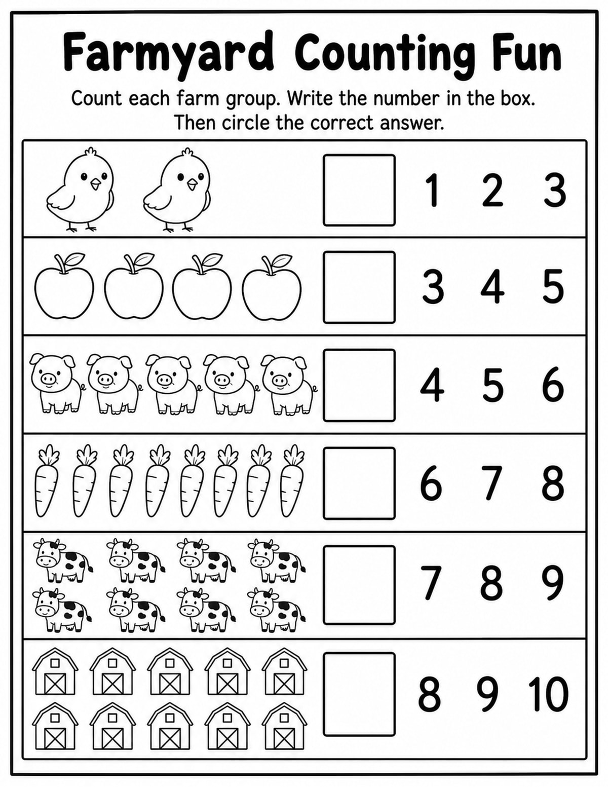 Farm Animals Count and Circle Worksheet printable preview