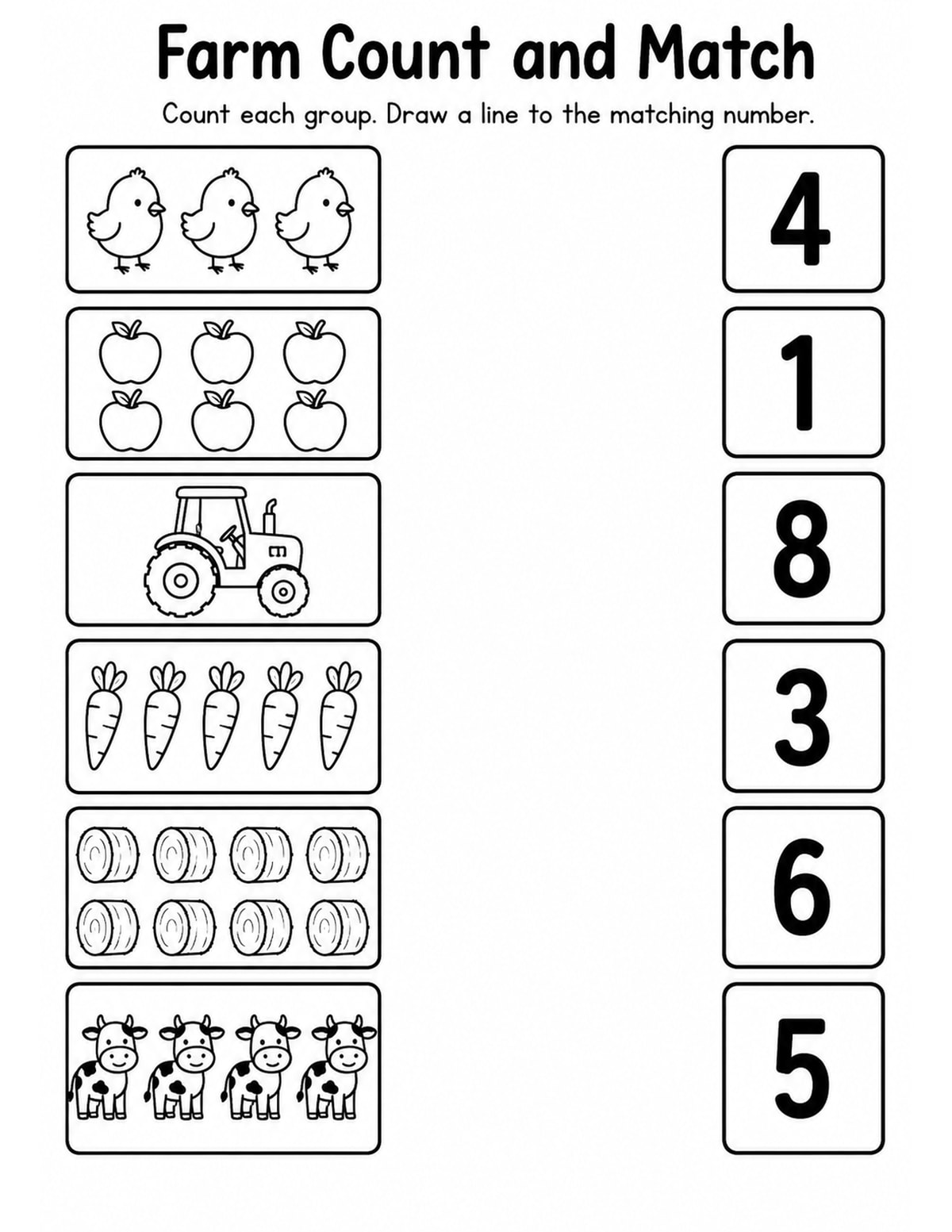 Farm Animals 1 Match Objects to Numbers Worksheet printable preview