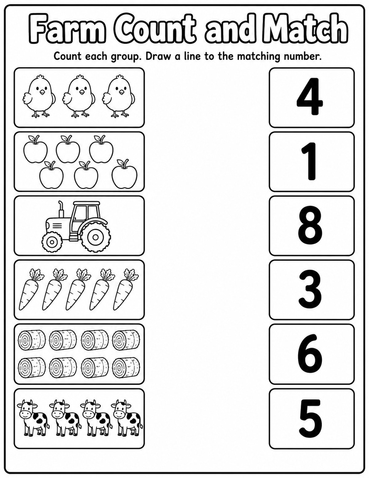 Farm Animals Match Objects to Numbers Worksheet printable preview
