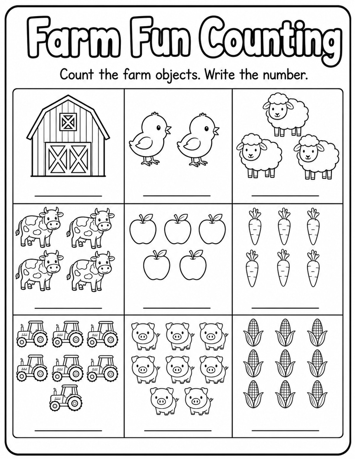 Farm Count and Write Worksheet printable preview