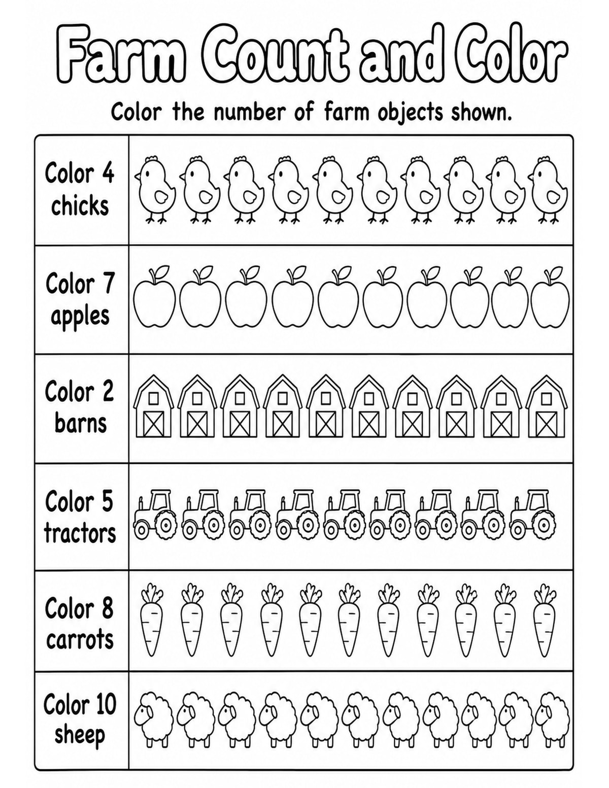 Farm Count and Color Worksheet printable preview