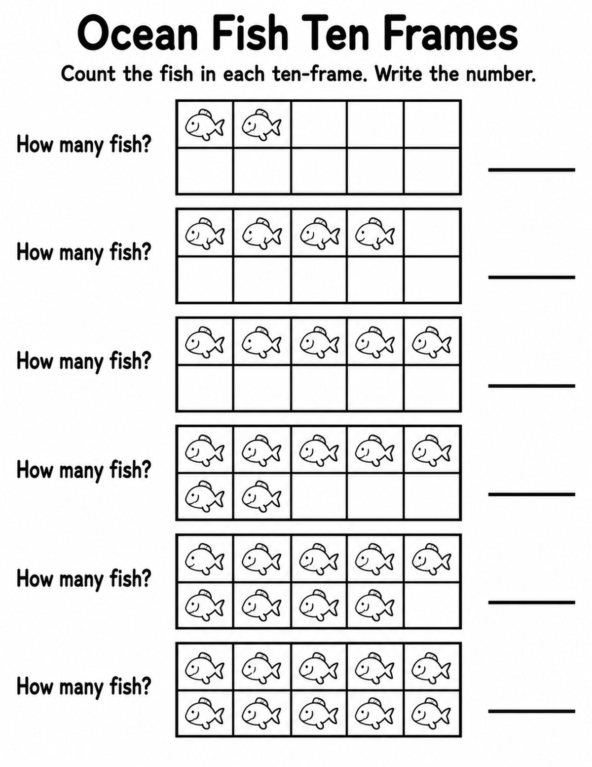 Fish Ten Frame Counting Worksheet printable preview