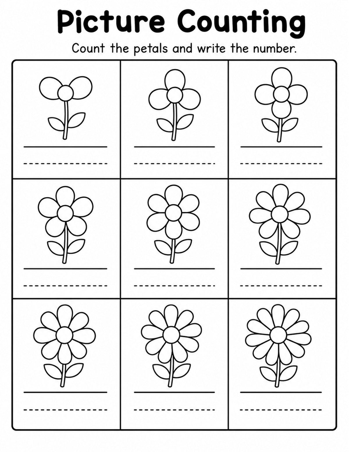 Flowers 1 Count and Write Worksheet printable preview