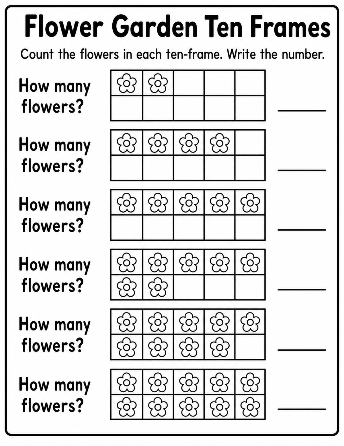 Flowers Ten Frame Counting Worksheet printable preview