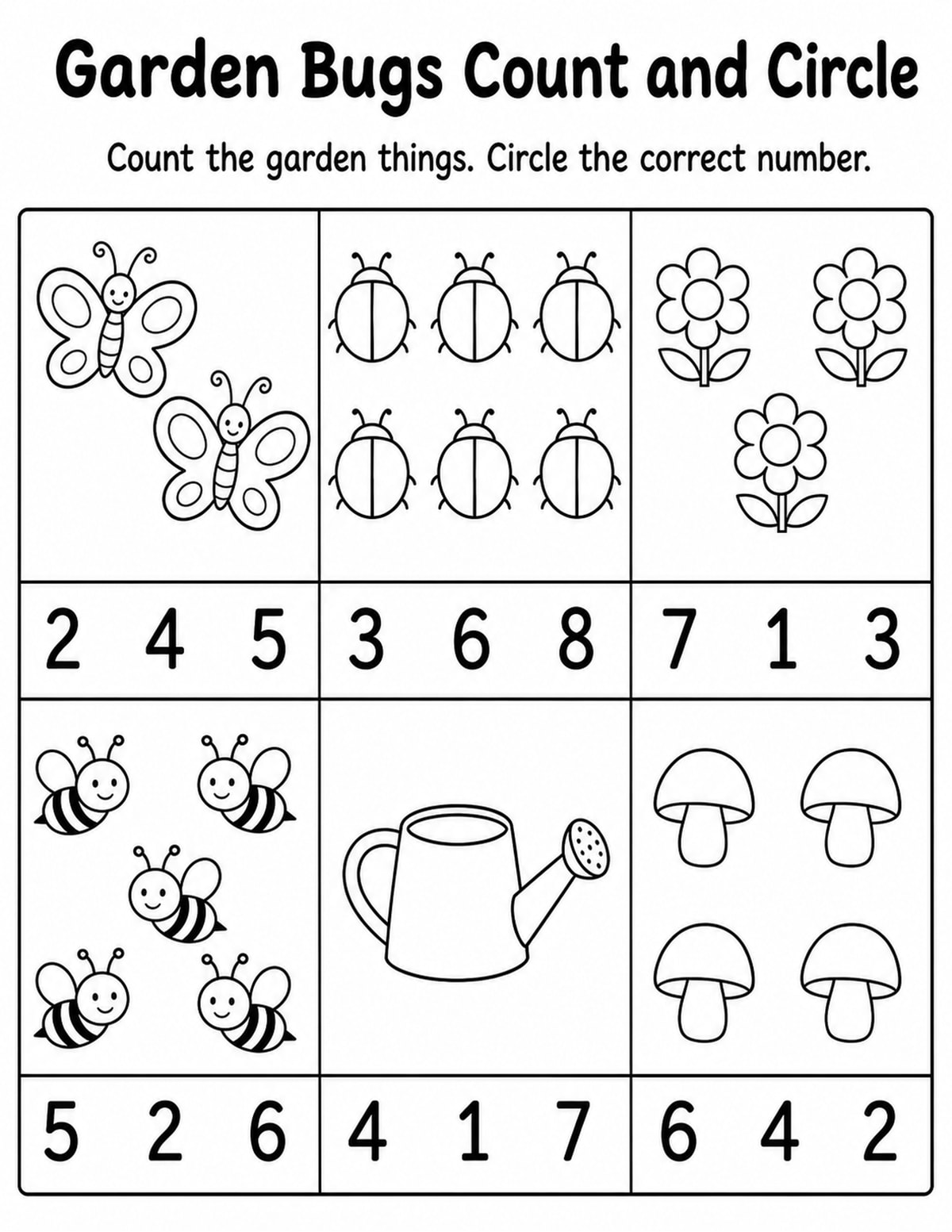 Garden Bugs Count and Circle Worksheet printable preview