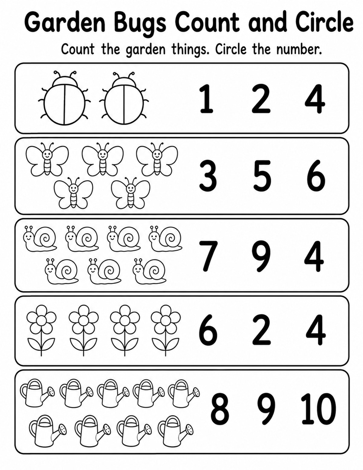 Garden Bugs Count and Circle Worksheet printable preview