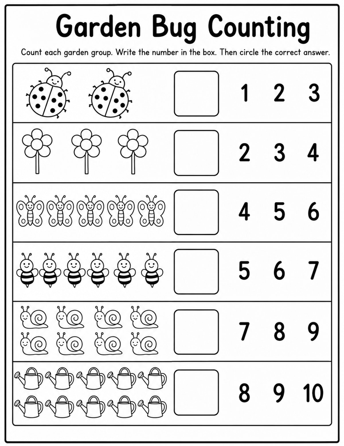 Garden Bugs Count and Circle Worksheet printable preview
