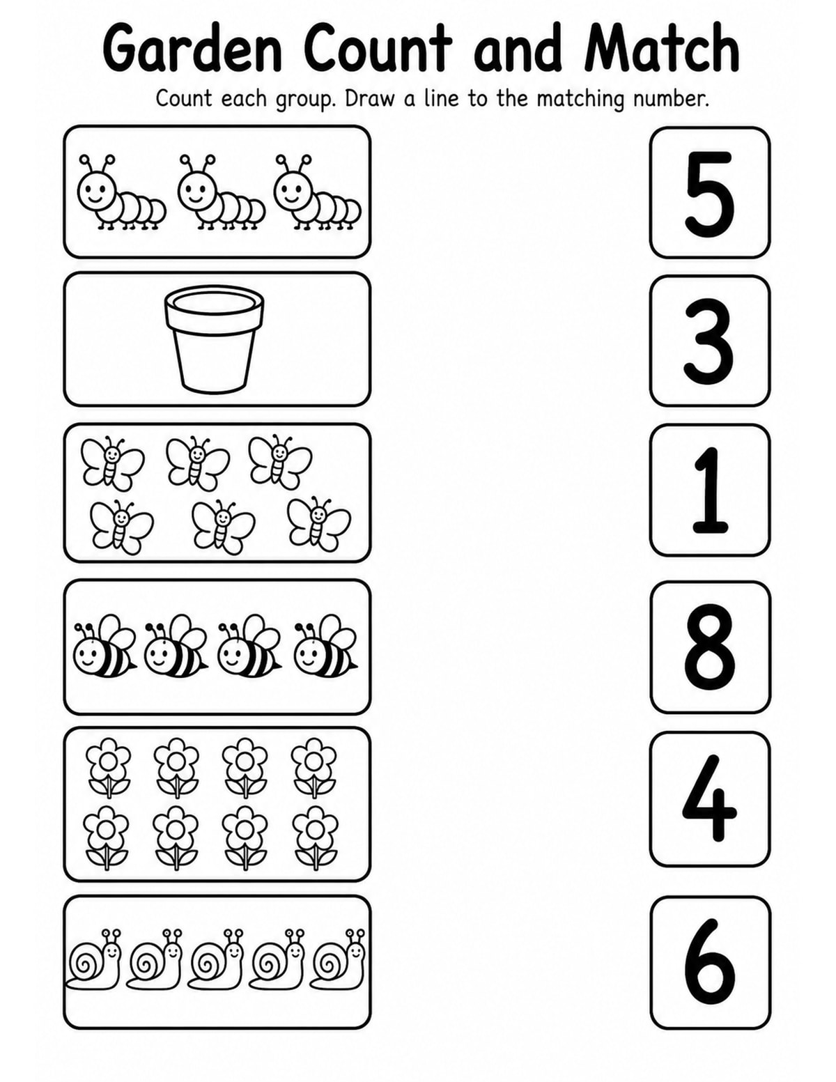 Garden 1 Match Objects to Numbers Worksheet printable preview