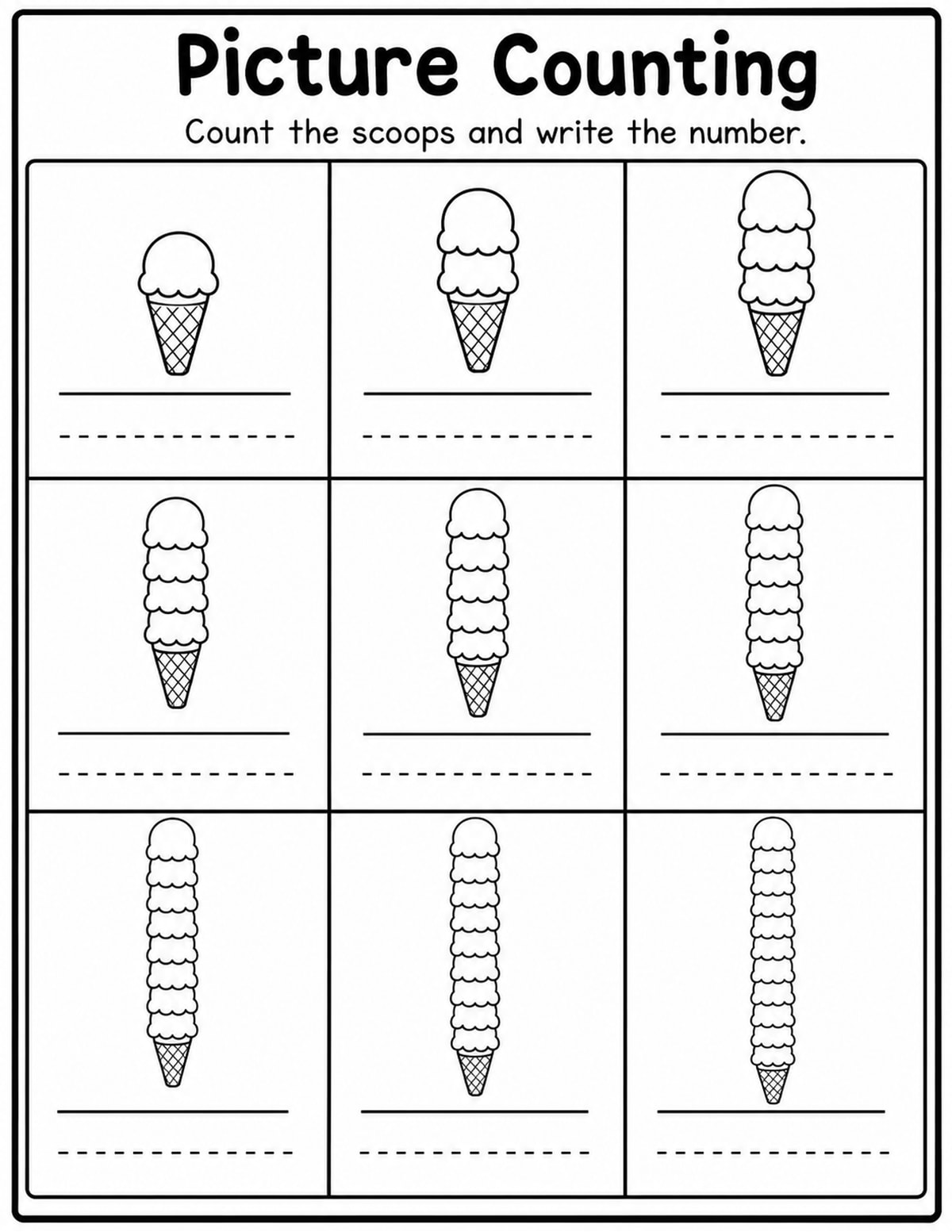 Ice Cream Count and Write Worksheet printable preview