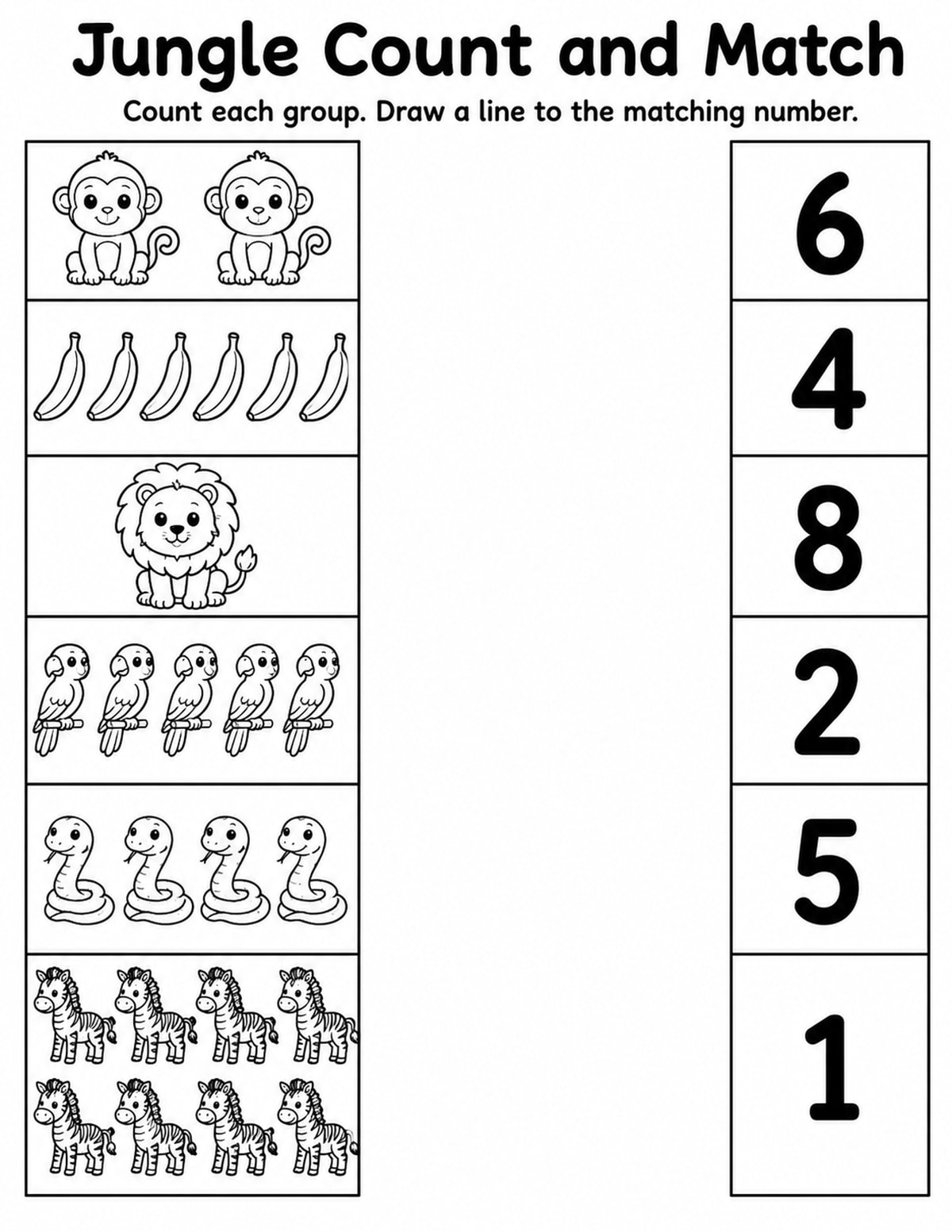 Jungle Animals Match Objects to Numbers Worksheet printable preview
