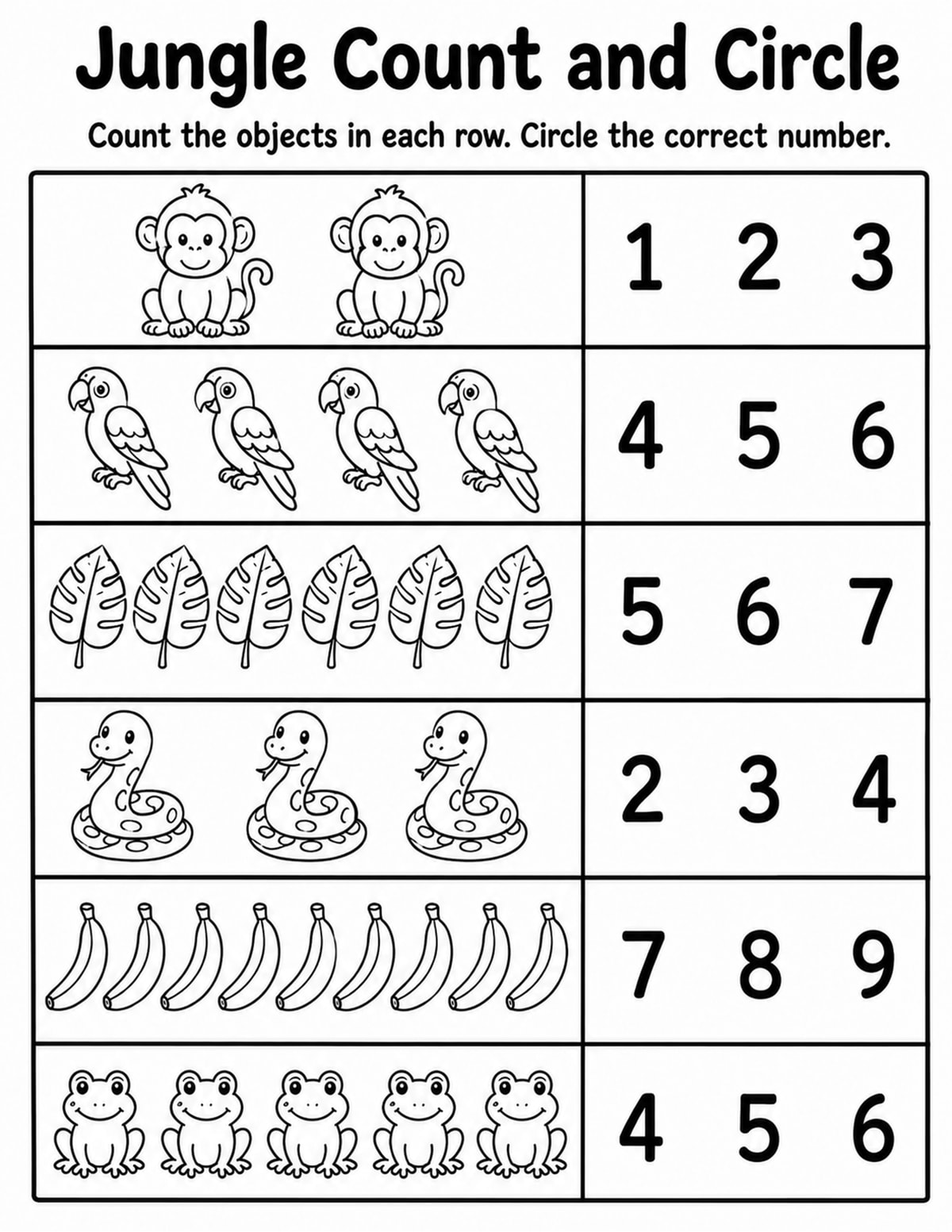 Jungle Count and Circle Worksheet printable preview