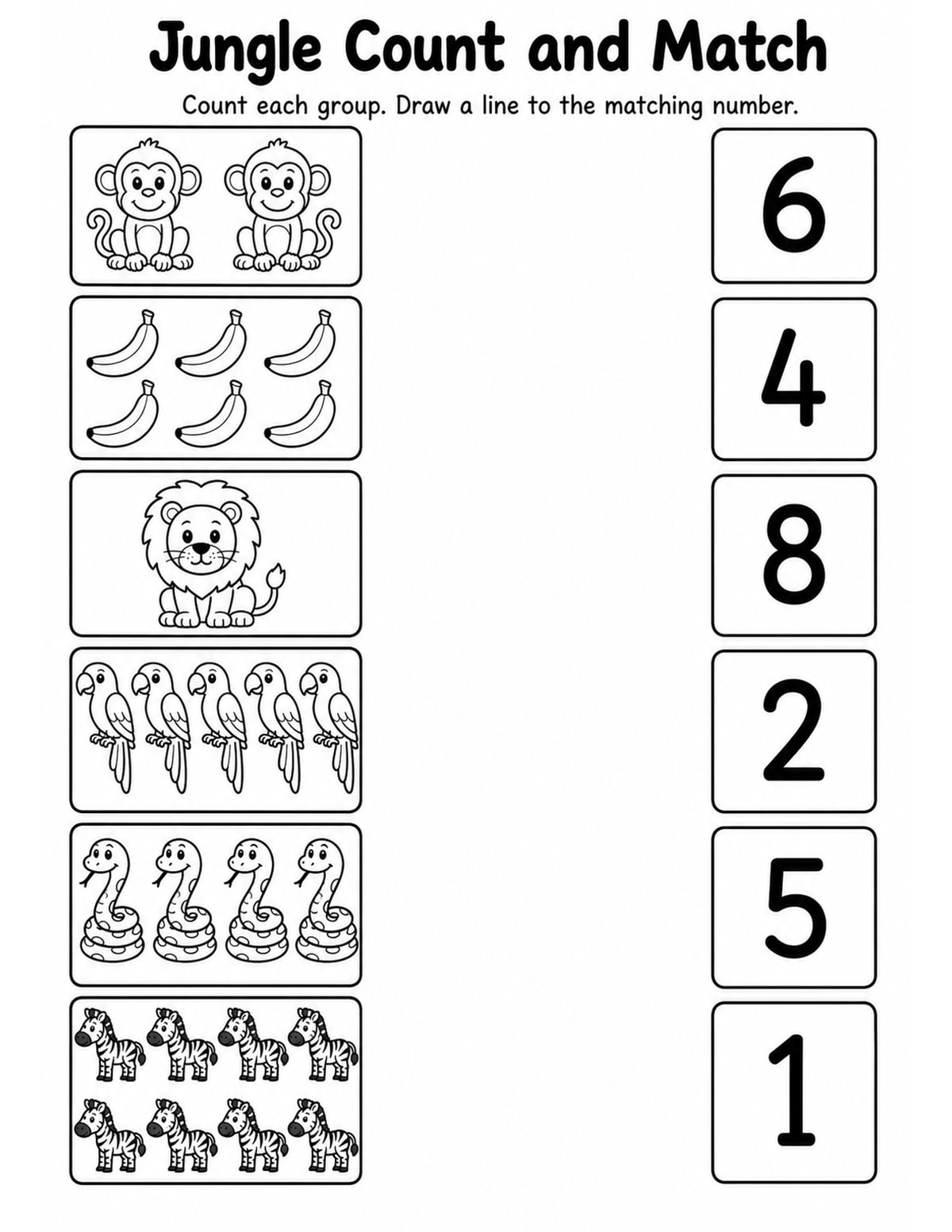 Jungle Match Objects to Numbers Worksheet printable preview