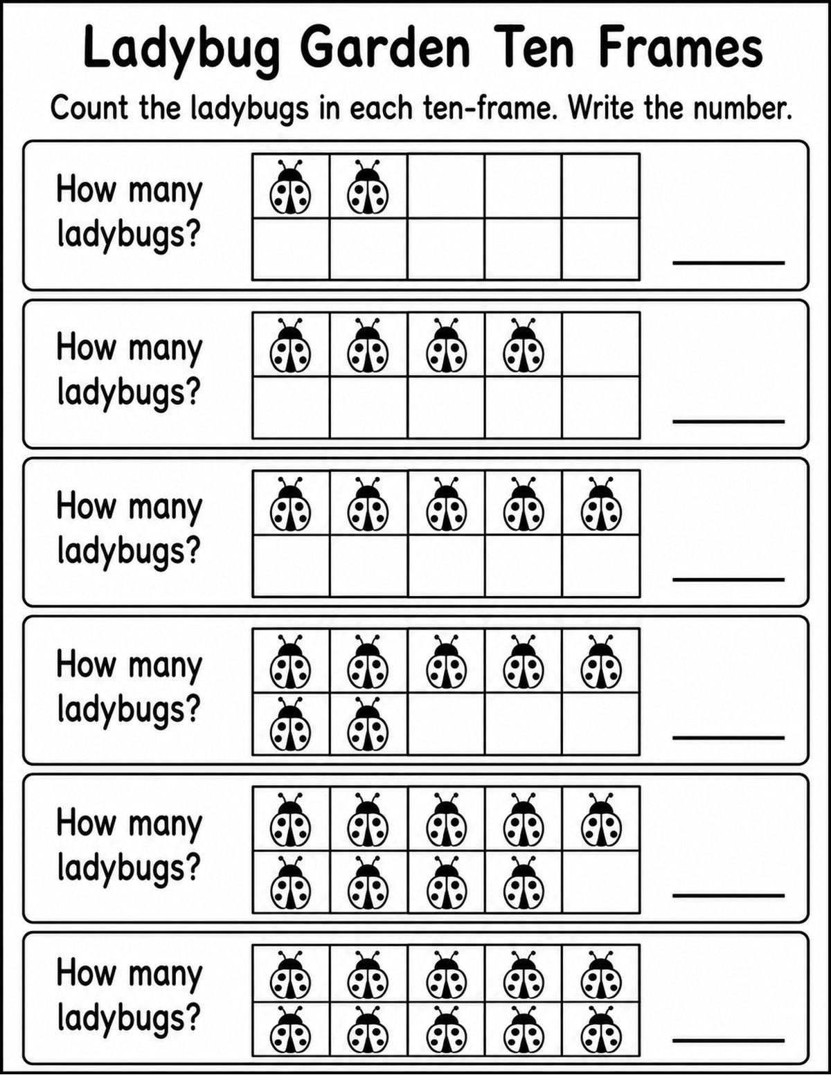 Ladybugs Ten Frame Counting Worksheet printable preview