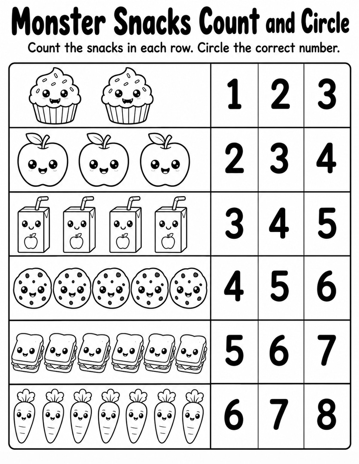 Monster Snacks Count and Circle Worksheet printable preview