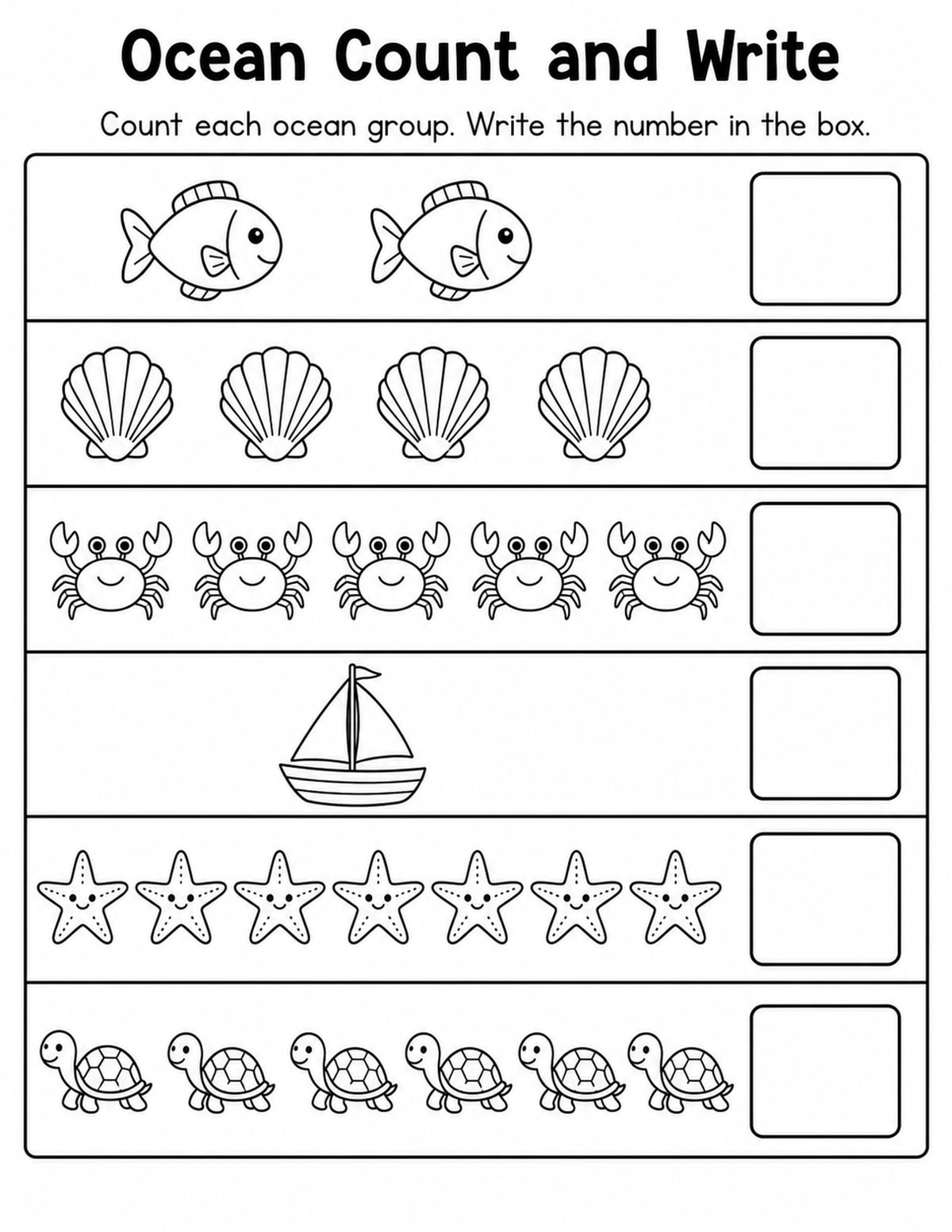 Ocean 1 Count and Write Worksheet printable preview