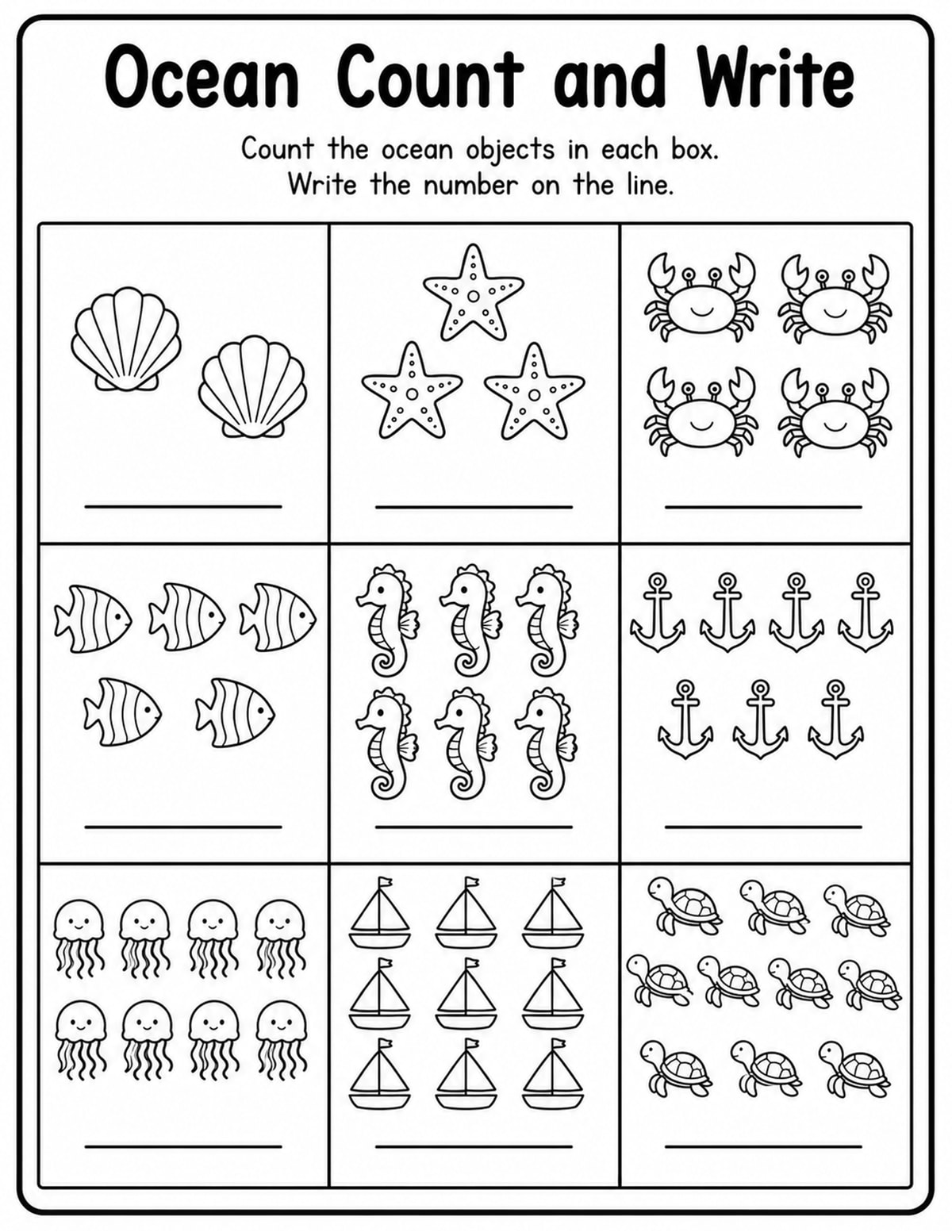 Ocean Count and Write Worksheet printable preview