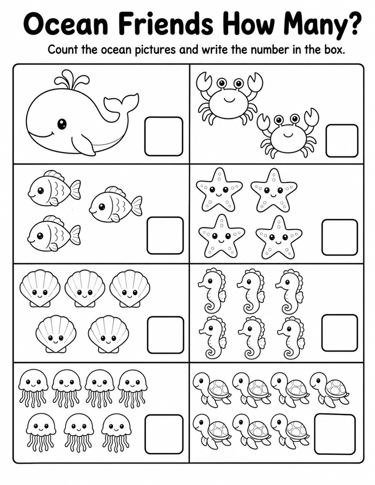 Ocean Friends How Many Counting Worksheet printable preview