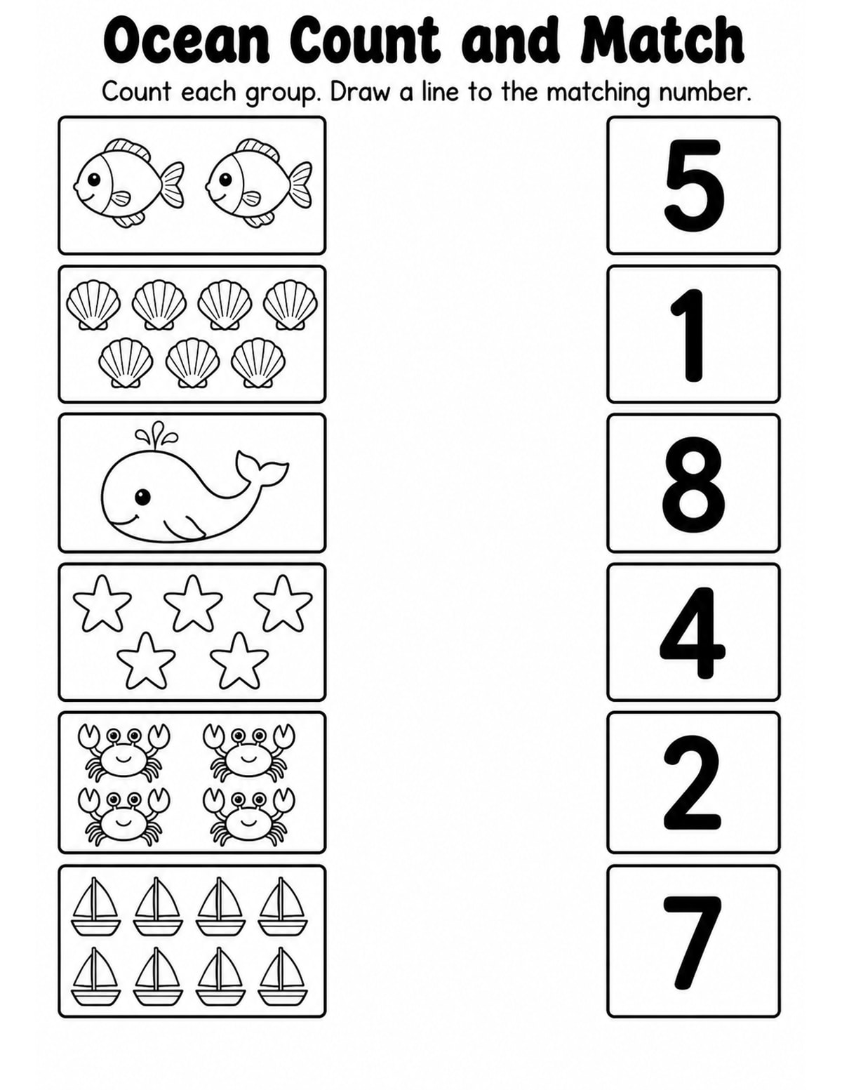 Ocean Match Objects to Numbers Worksheet printable preview