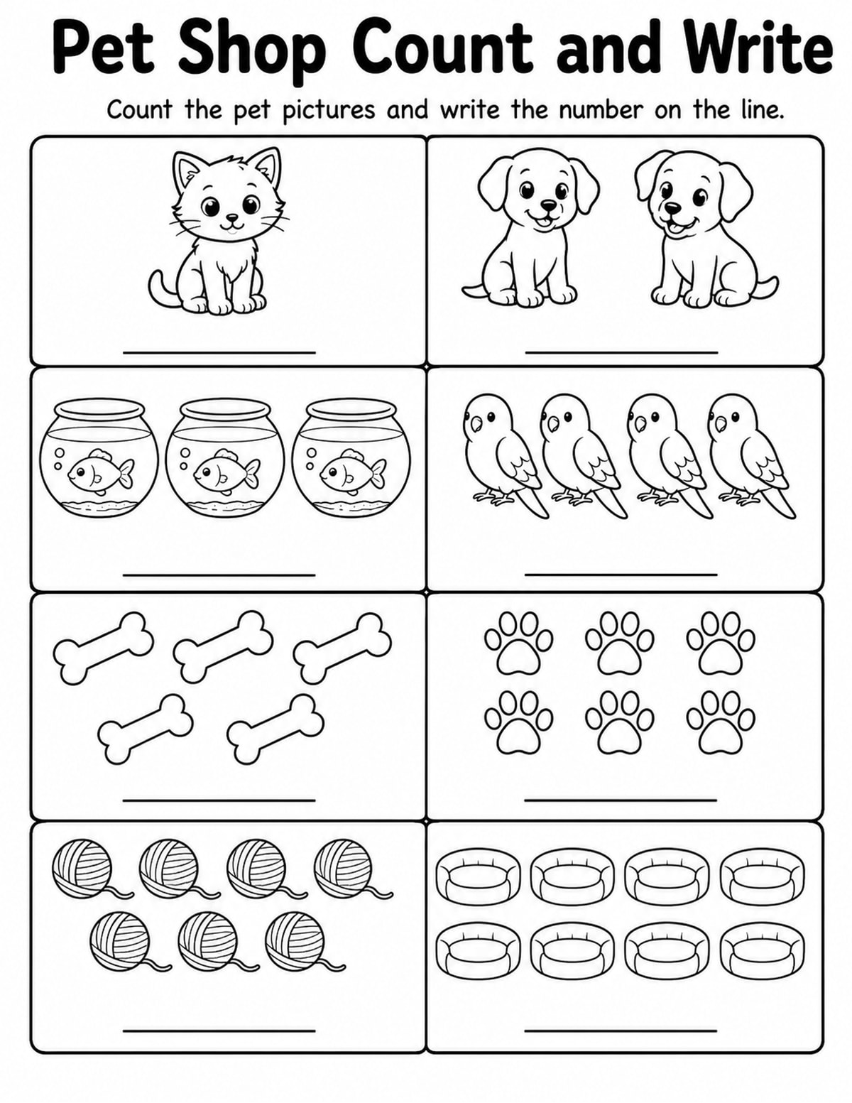 Pets Count and Write Worksheet printable preview