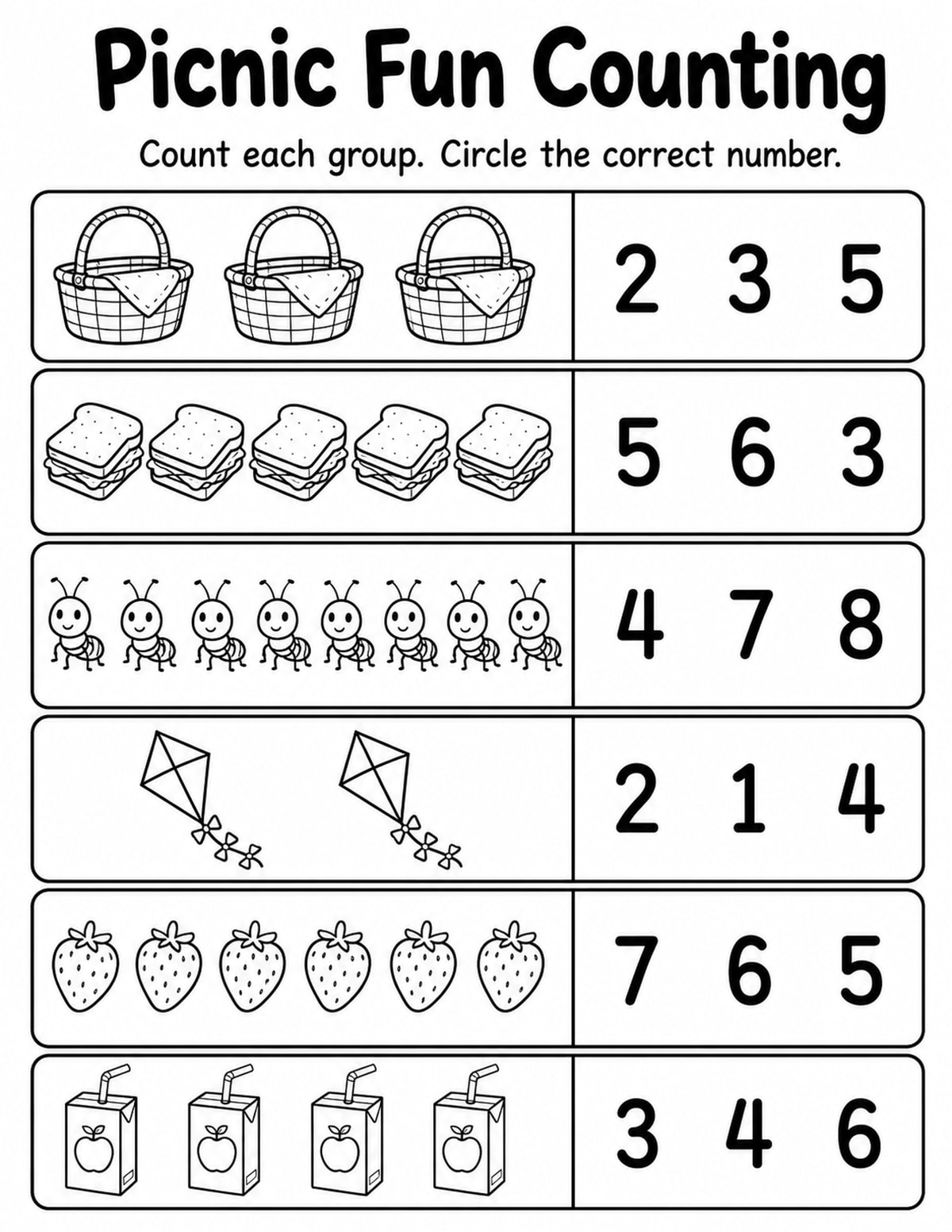 Picnic Count and Circle Worksheet printable preview