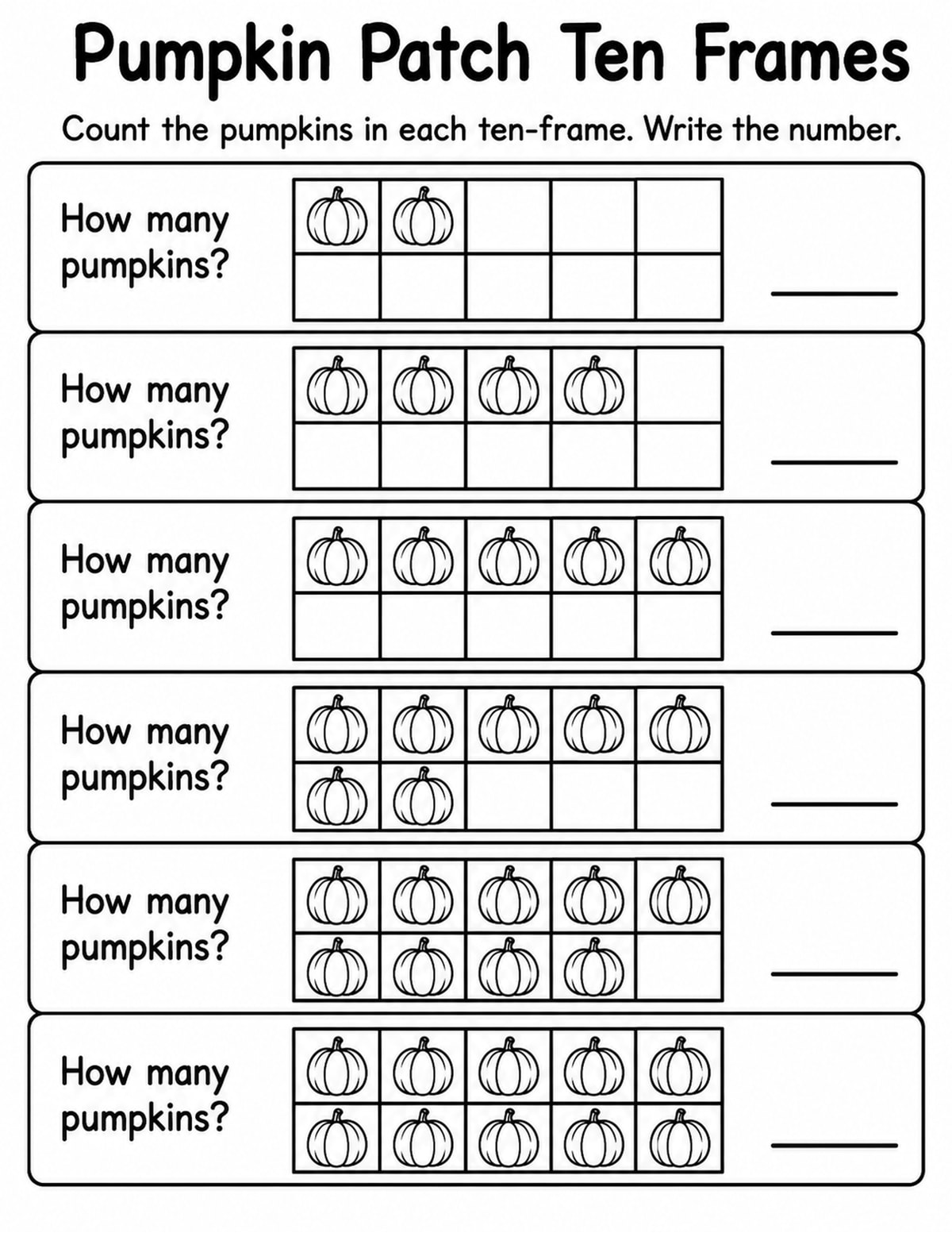 Pumpkins Ten Frame Counting Worksheet printable preview