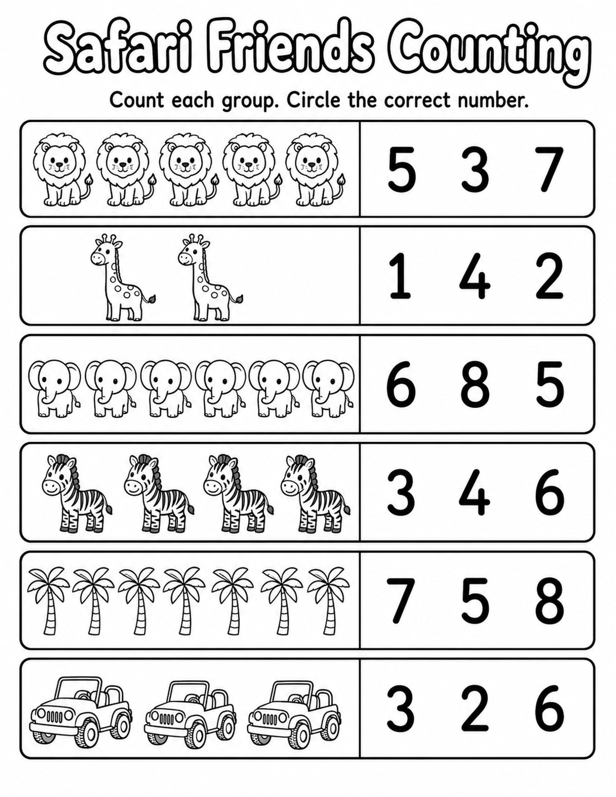Safari Animals 1 Count and Circle Worksheet printable preview