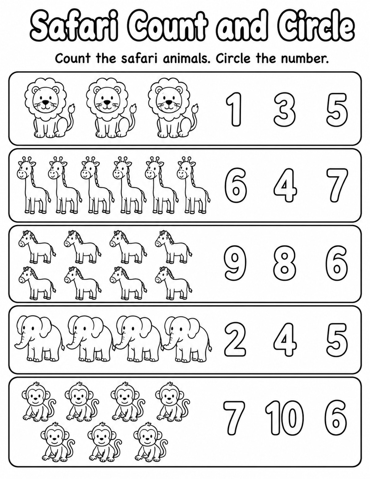 Safari Animals Count and Circle Worksheet printable preview
